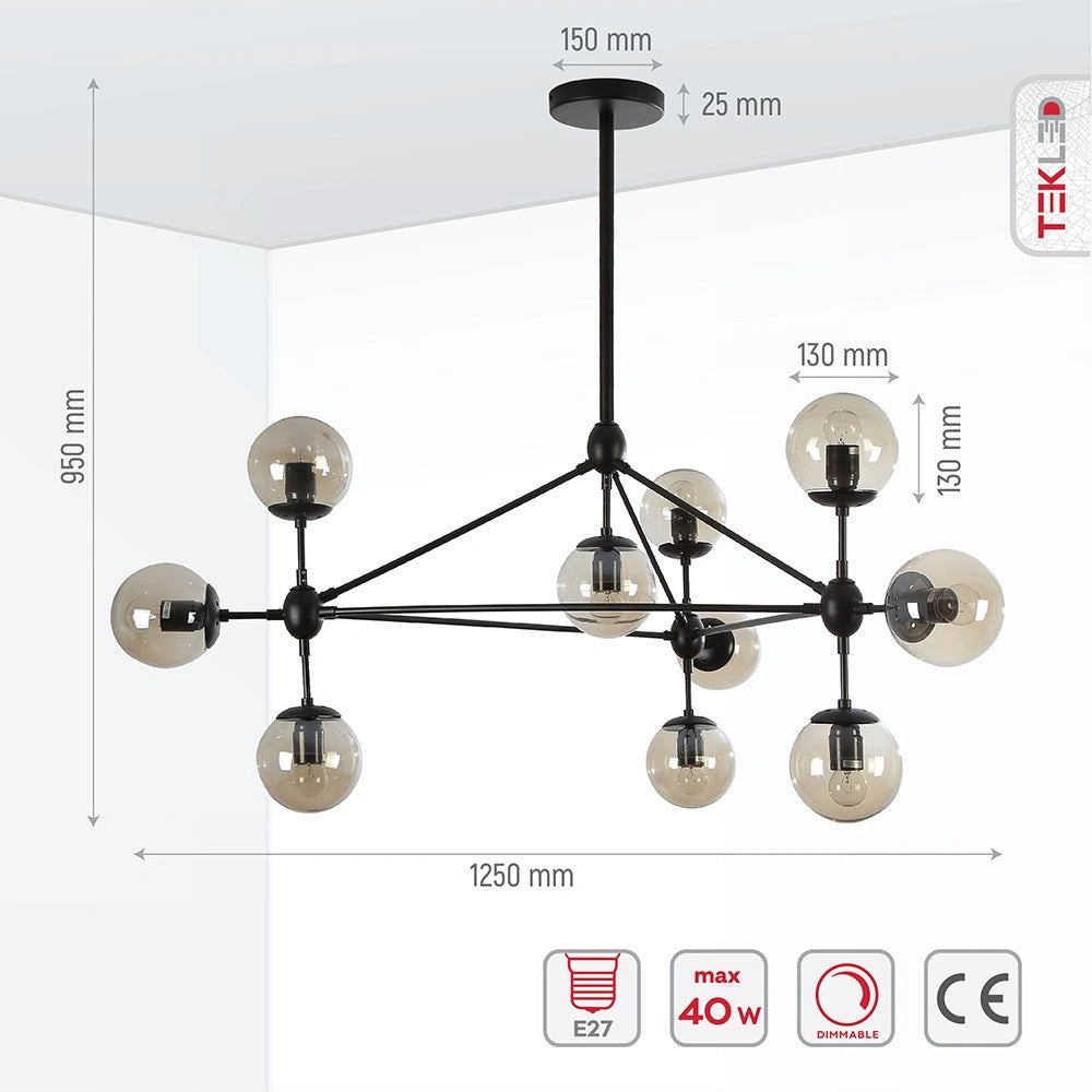 Product dimensions of black rod metal amber glass globe chandelier with 10xe27 fitting