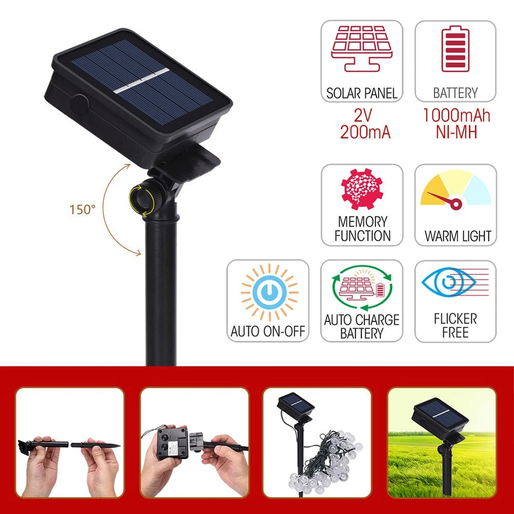 Features and product assembly of Lyra Solar Globe 30 LEDs 65m Warm White String Light