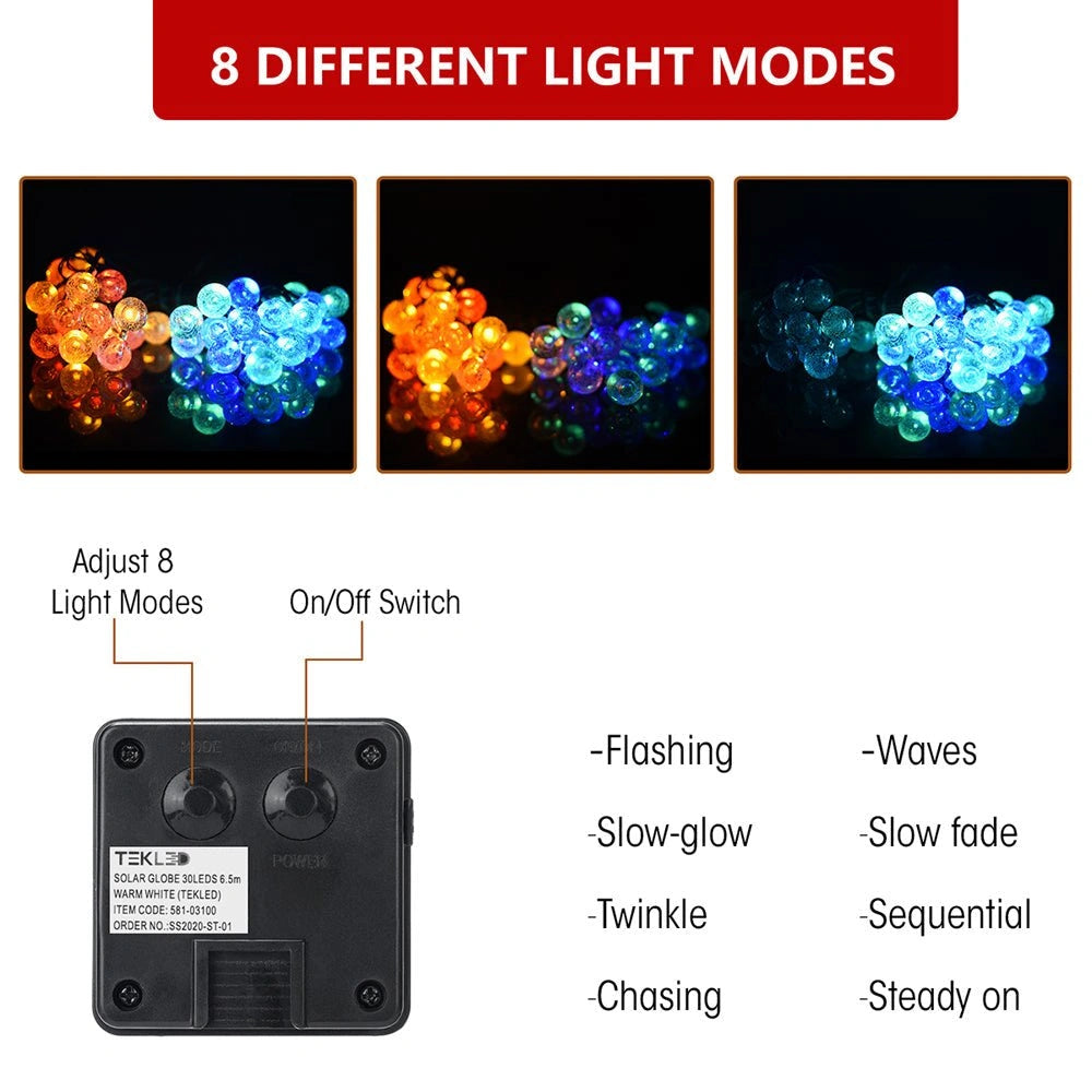 Different light modes of Lyra Solar Globe 50 LEDs 95m Multi-colour LED String Light