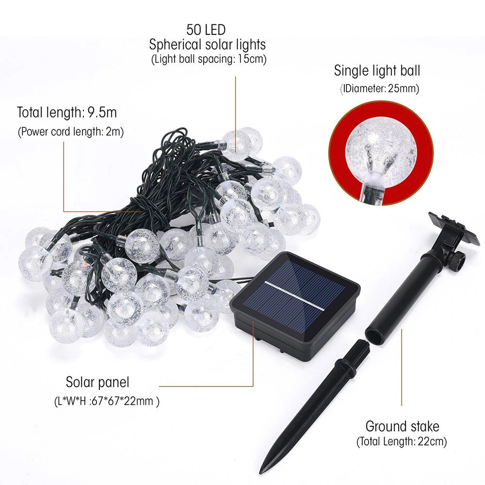 Product dimensions and contents of Lyra Solar Globe 50 LEDs 95m Multi-colour LED String Light