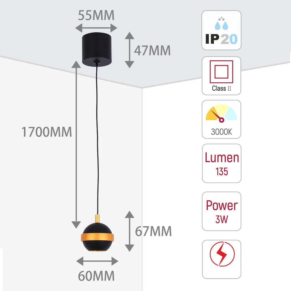 Tamaño y especificaciones técnicas del Downlight Colgante LED Helios con Acento Dorado 3W Blanco Cálido-150-19068