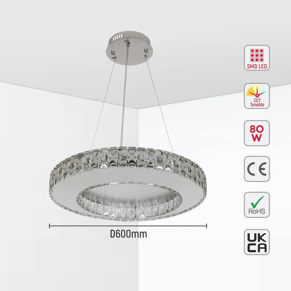 Tamaño y especificaciones técnicas de la Araña LED Helix Crystal con Acabado en Cromo Acanalado 80W-159-18346