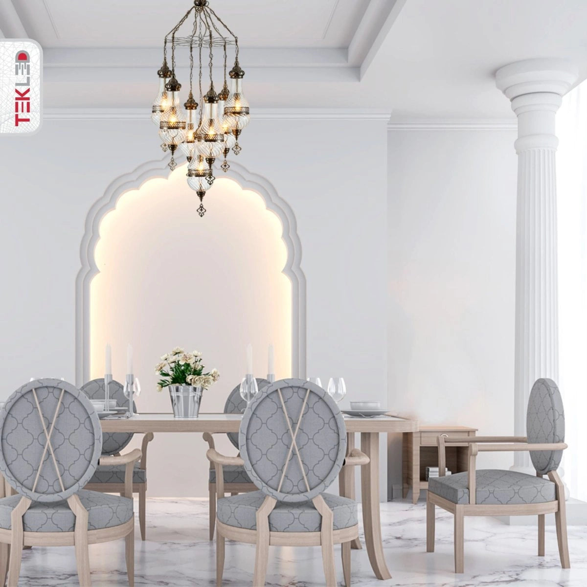 More interior usage of Moroccan Style Antique Brass and Clear Glass Chandelier with 7xE27 | TEKLED 158-19557