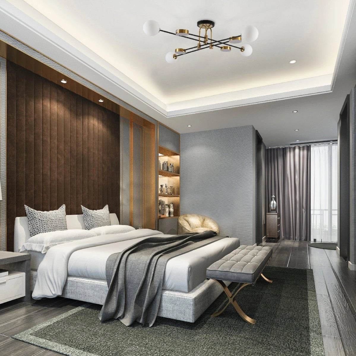 More interior usage of Contemporary Hybrid Sputnik Modern Chandelier with 20W Built-in LED and 4xG9 Opal Globes Gold Black Finishing | TEKLED 159-17548
