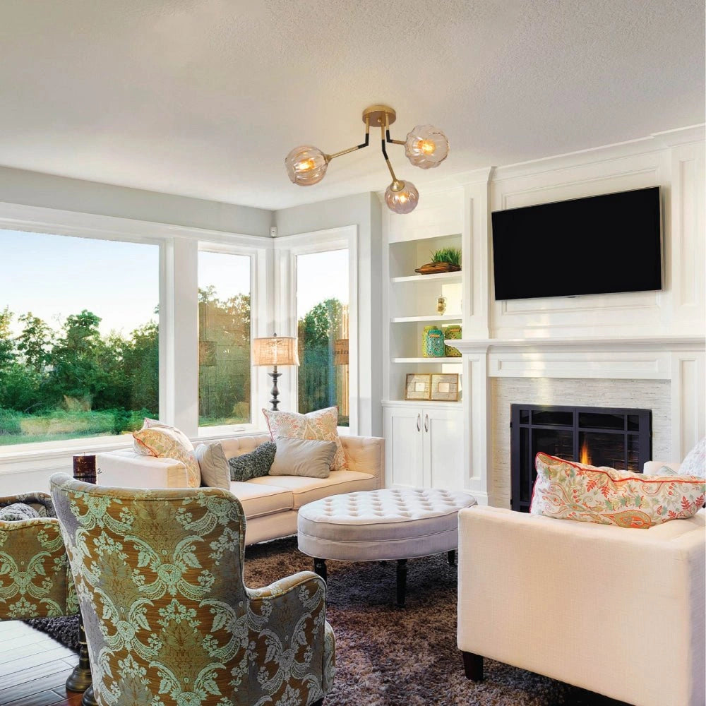 More interior usage of Amber Reeded Globe Glass Gold Metal Vintage Retro Semi Flush Ceiling Light with E27 Fittings | TEKLED 159-17660