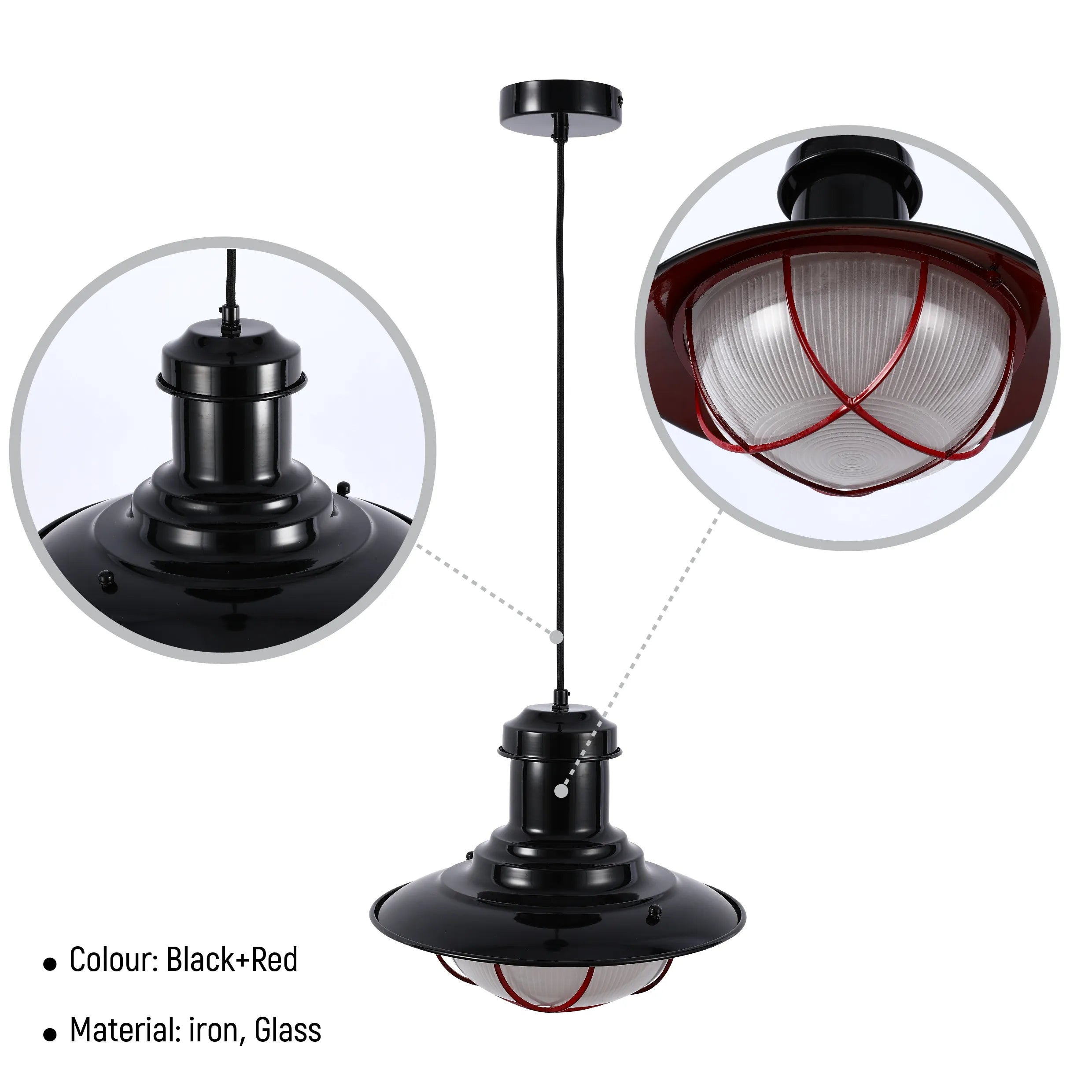 Lámparas Colgantes Estilo Jaula Industrial – Latón Antiguo y Negro con Detalles Rojos