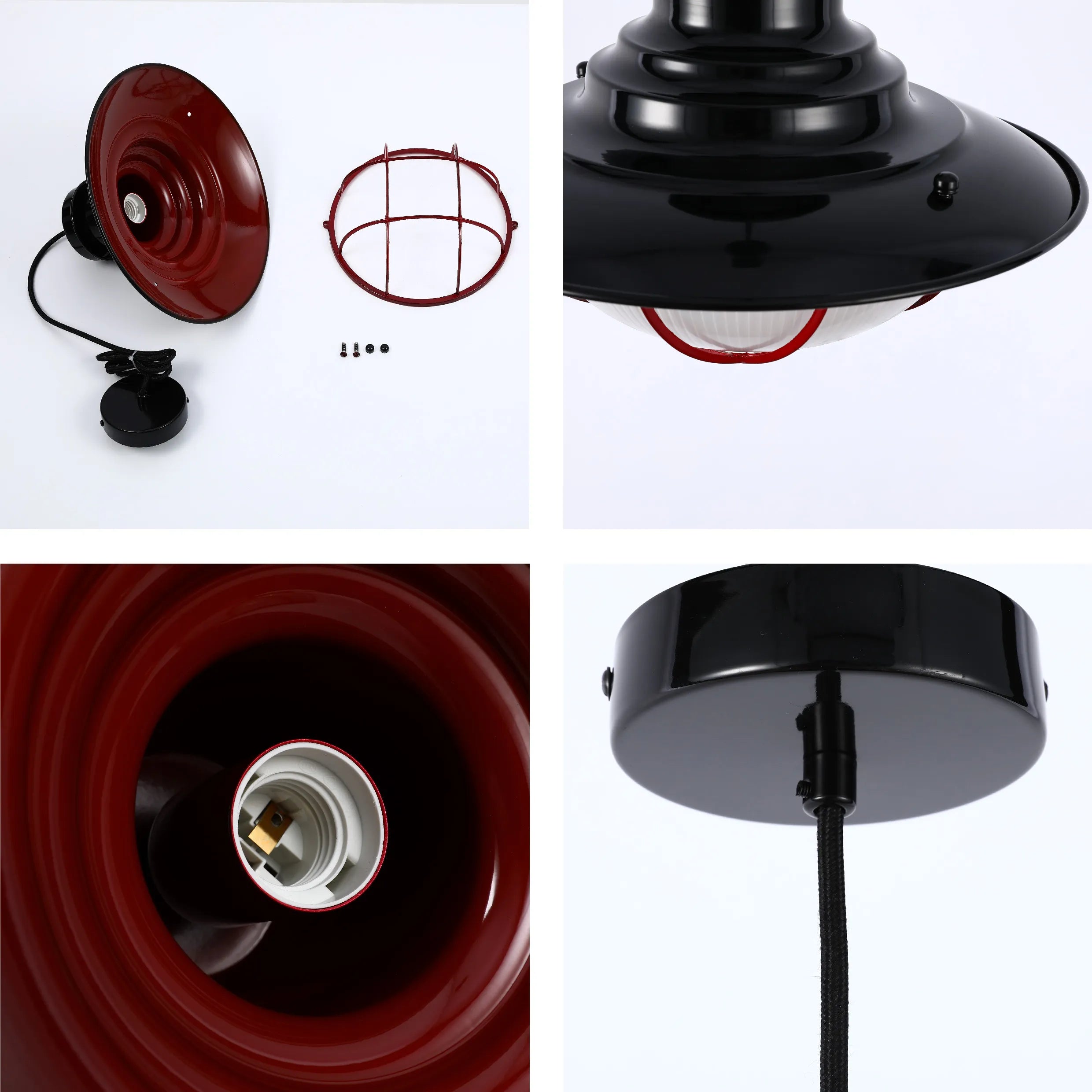 Lámparas Colgantes Estilo Jaula Industrial – Latón Antiguo y Negro con Detalles Rojos
