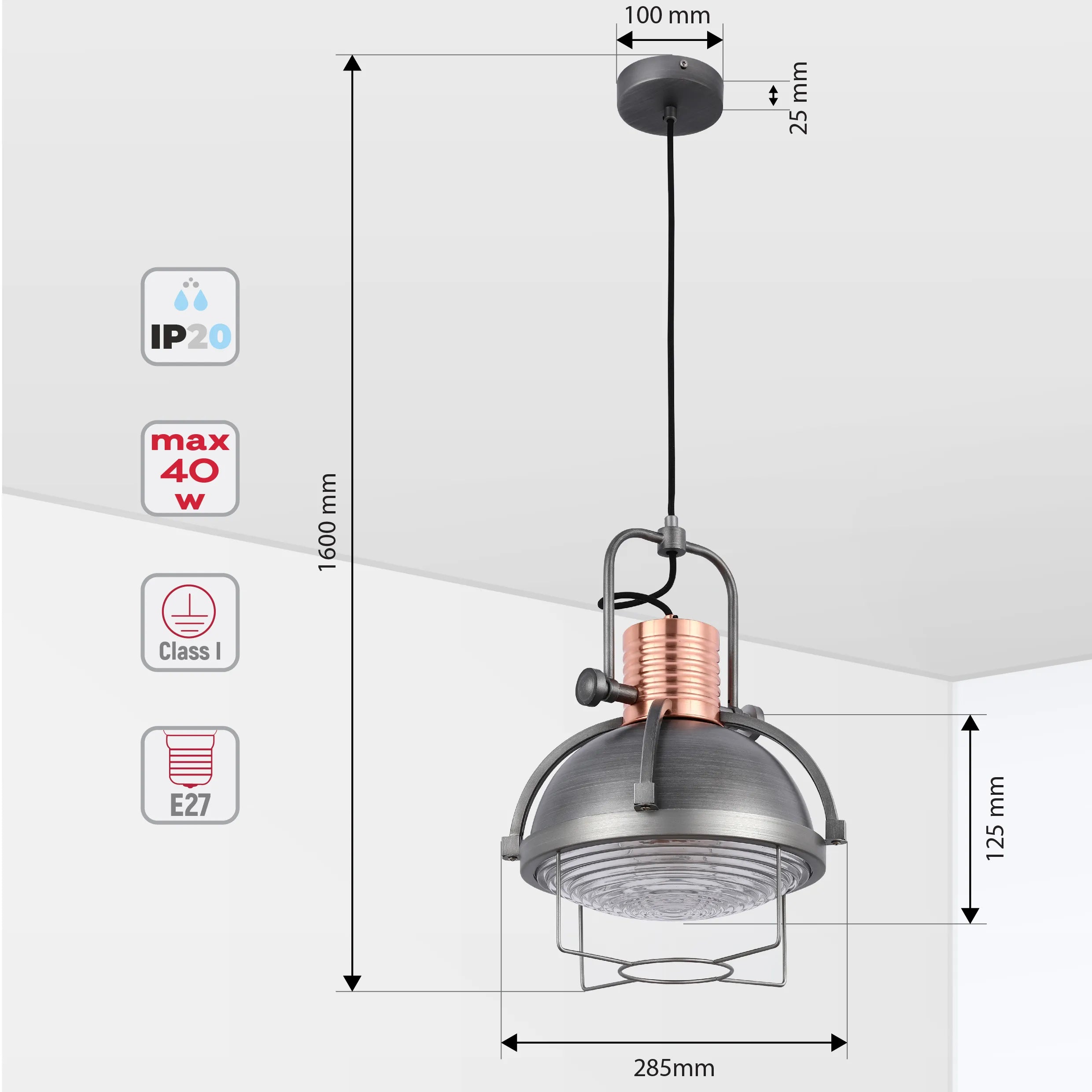 Lámpara Colgante Industrial con Cúpula y Vidrio Texturizado con Jaula