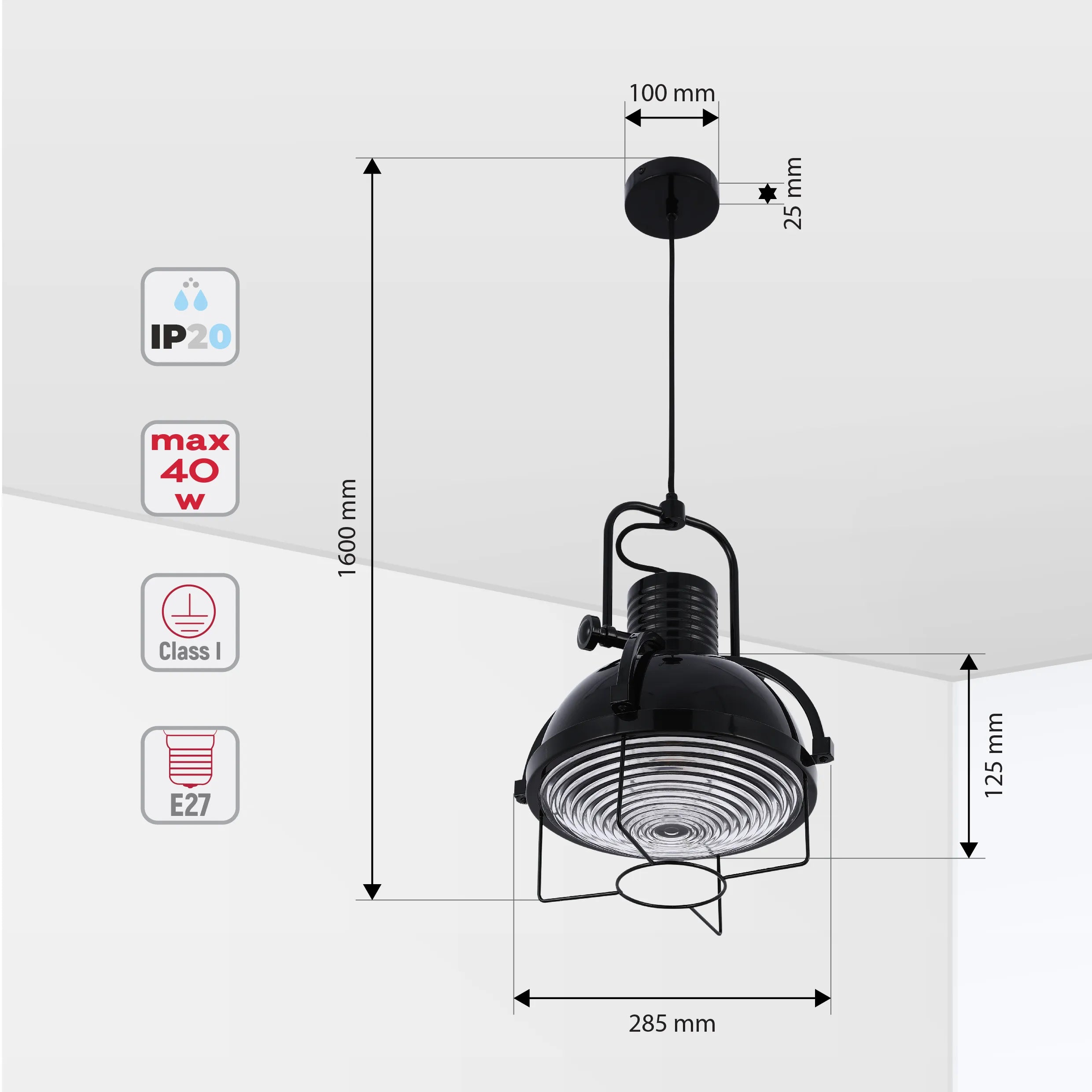 Lámpara Colgante Industrial con Cúpula y Vidrio Texturizado con Jaula