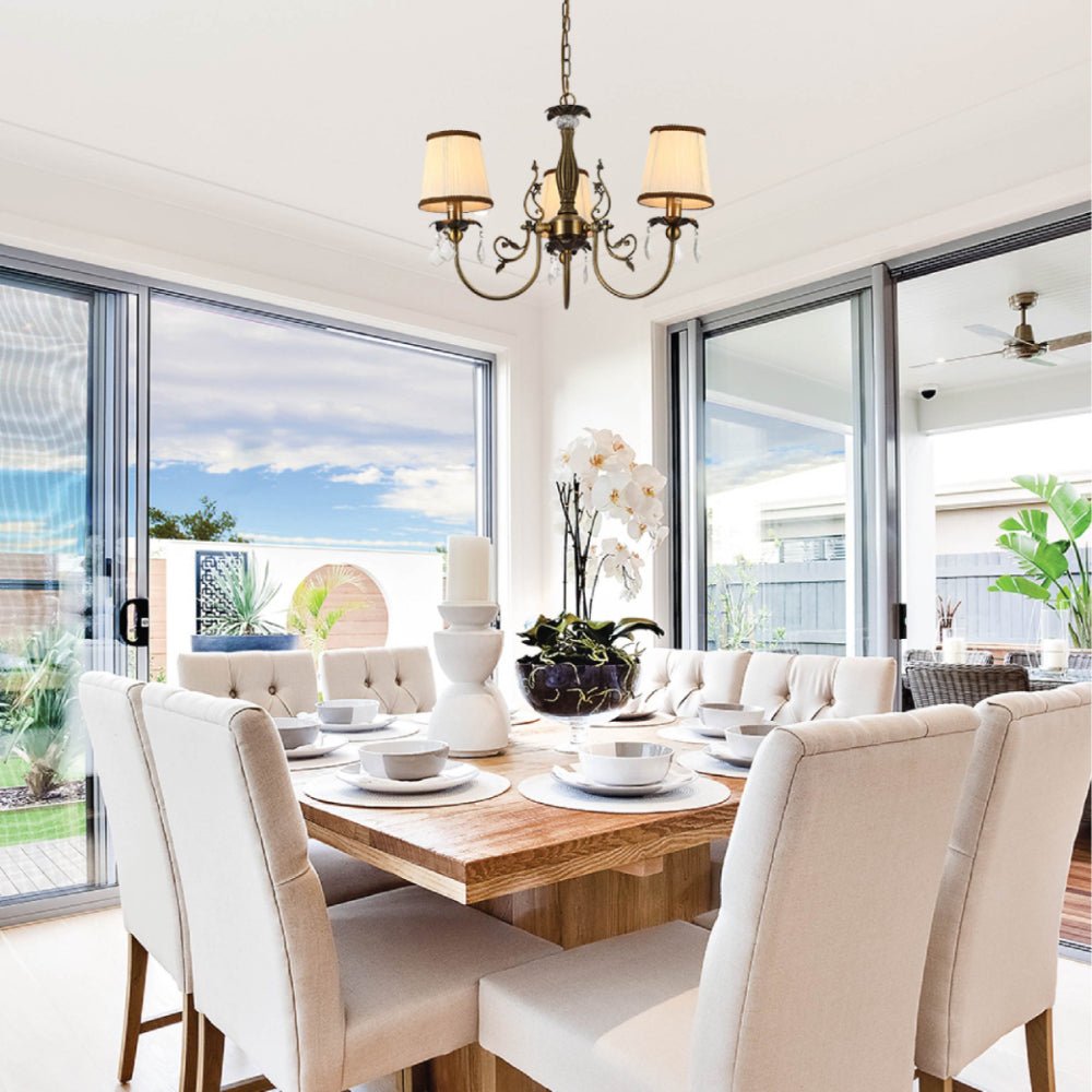 Indoor usage of Antique Brass Finishing Metal Body Off White Shade Candle Vintage Crystal Ceiling Light with E14 | TEKLED 156-18200