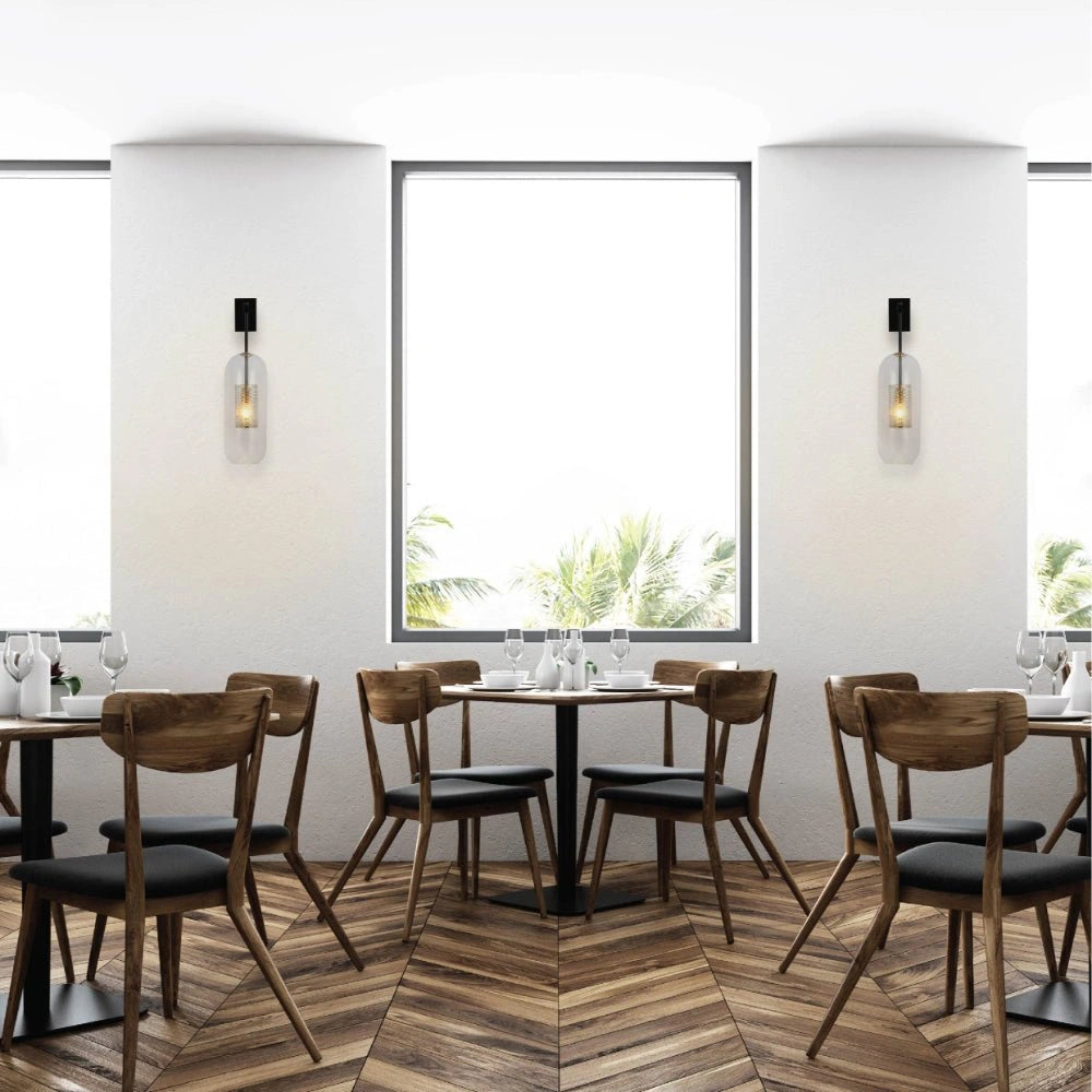 Indoor usage of Clear Cylinder Glass Gold Cage Black Body Wall Light with E27 Fitting | TEKLED 151-19735