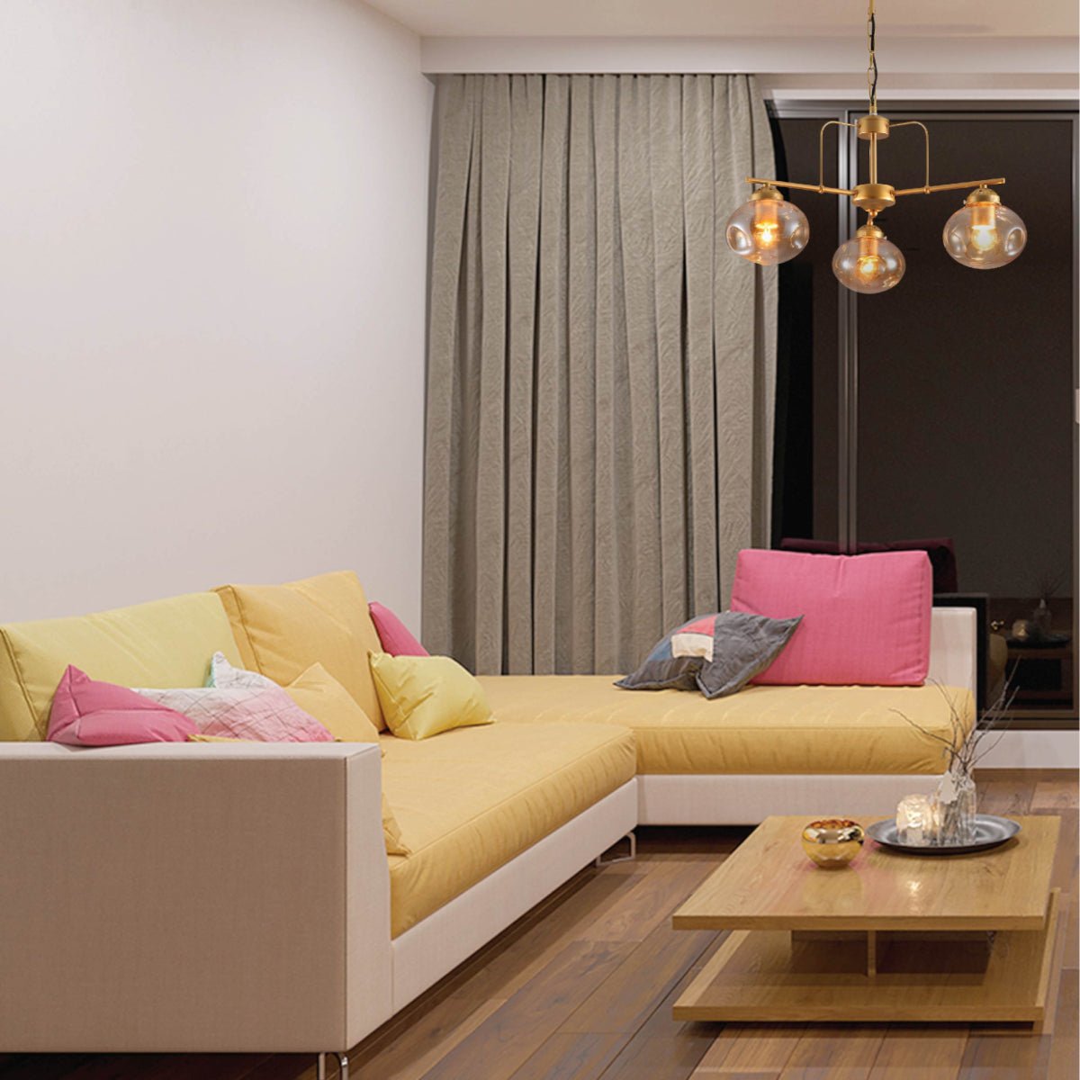 Indoor usage of Gold Metal Rod Arm Amber Globe Glass Ceiling Light with E27 Fittings | TEKLED 159-17644