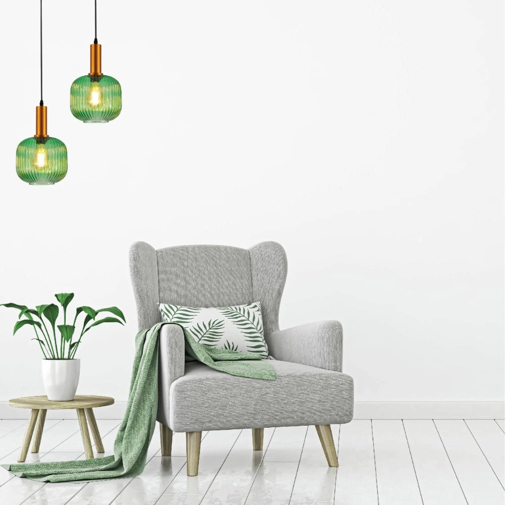 Indoor usage of Sawyer Ribbed Fluted Reeded Maloto Lantern Green Opal Purple Amber Glass Pendant Ceiling Light E27 Gold Metal Top | TEKLED 150-18718