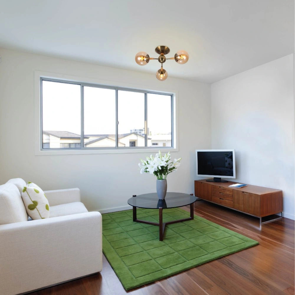 Indoor usage of Amber Globe Glass Antique Brass Metal Wood Body Vintage Retro Molecule Ceiling Light with E27 Fittings | TEKLED 159-17778