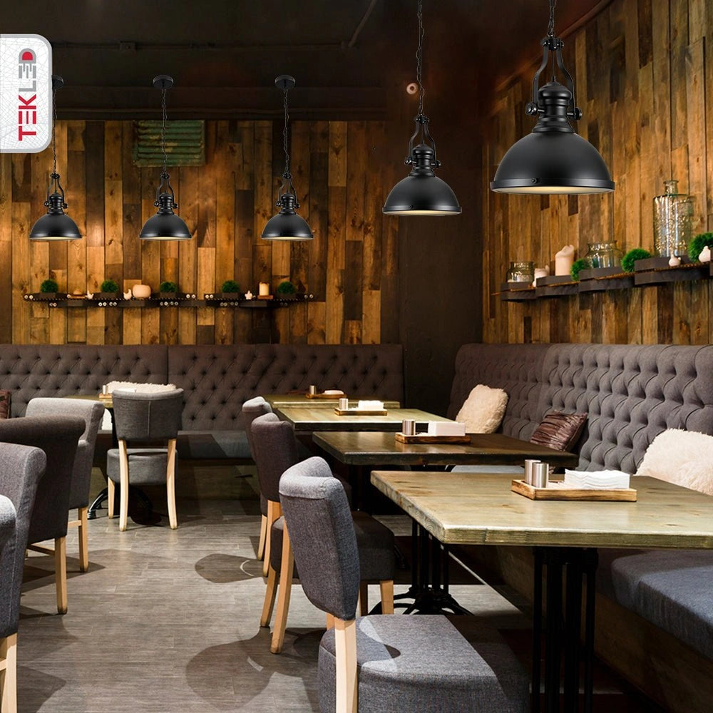Interior application of Black Nautical Industrial Caged Dome Shade Glass Metal Ceiling Pendant Light with E27 Fitting | TEKLED 150-18372