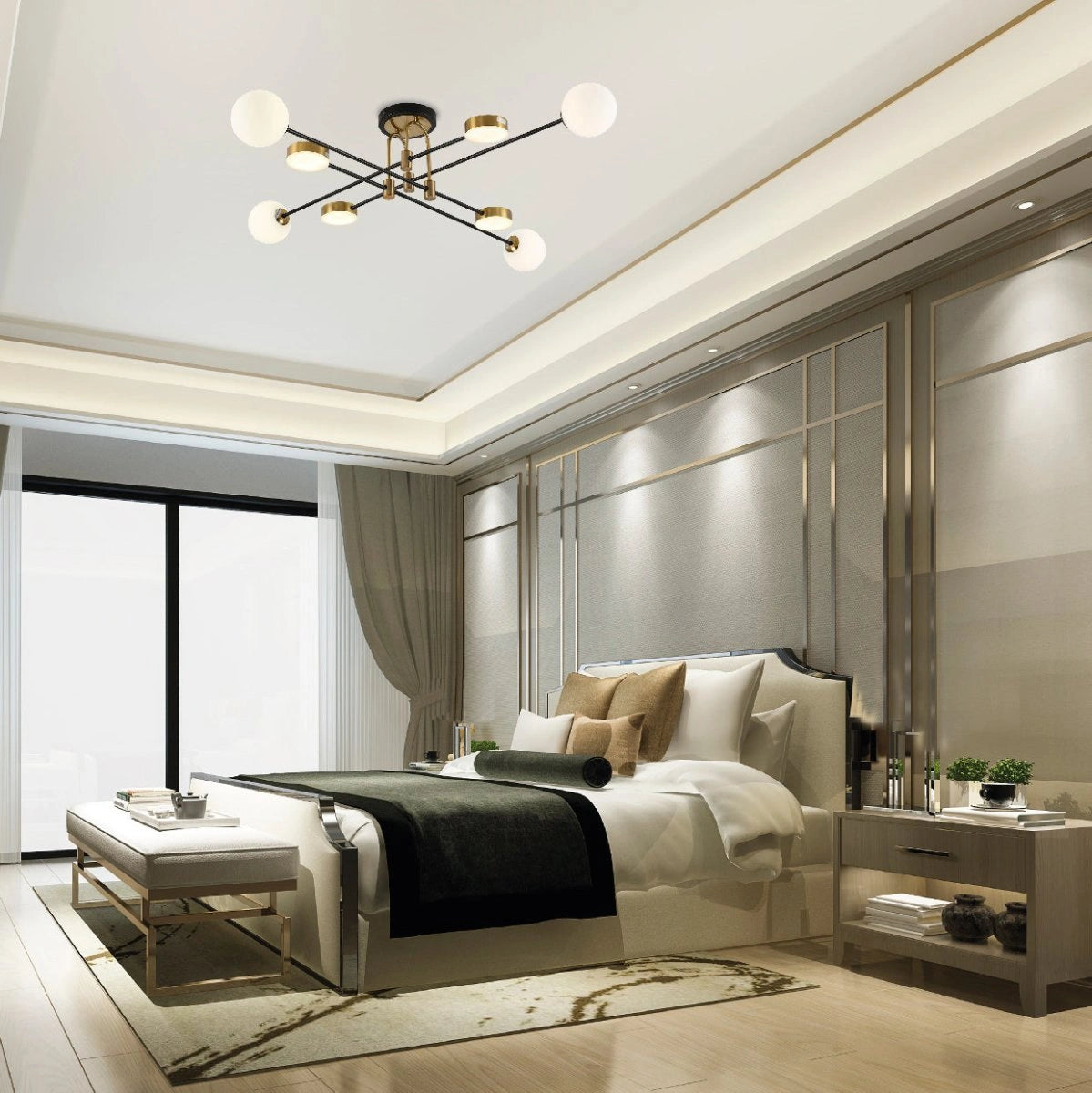 Interior application of Contemporary Hybrid Sputnik Modern Chandelier with 20W Built-in LED and 4xG9 Opal Globes Gold Black Finishing | TEKLED 159-17548