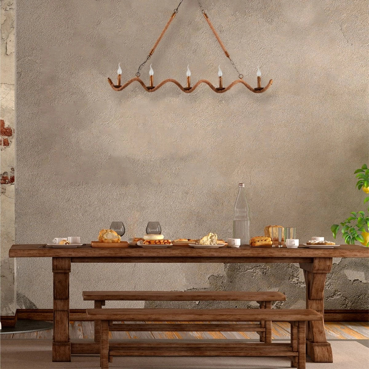 Interior application of Hemp Rope Spiral Island Chandelier with 5xE14 Fitting | TEKLED 158-17592