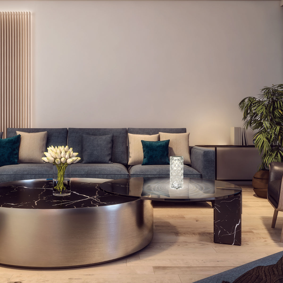 Lámpara cilíndrica recargable con cristal, perfecta para ilumninar salas de estar con estilo contemporáneo.