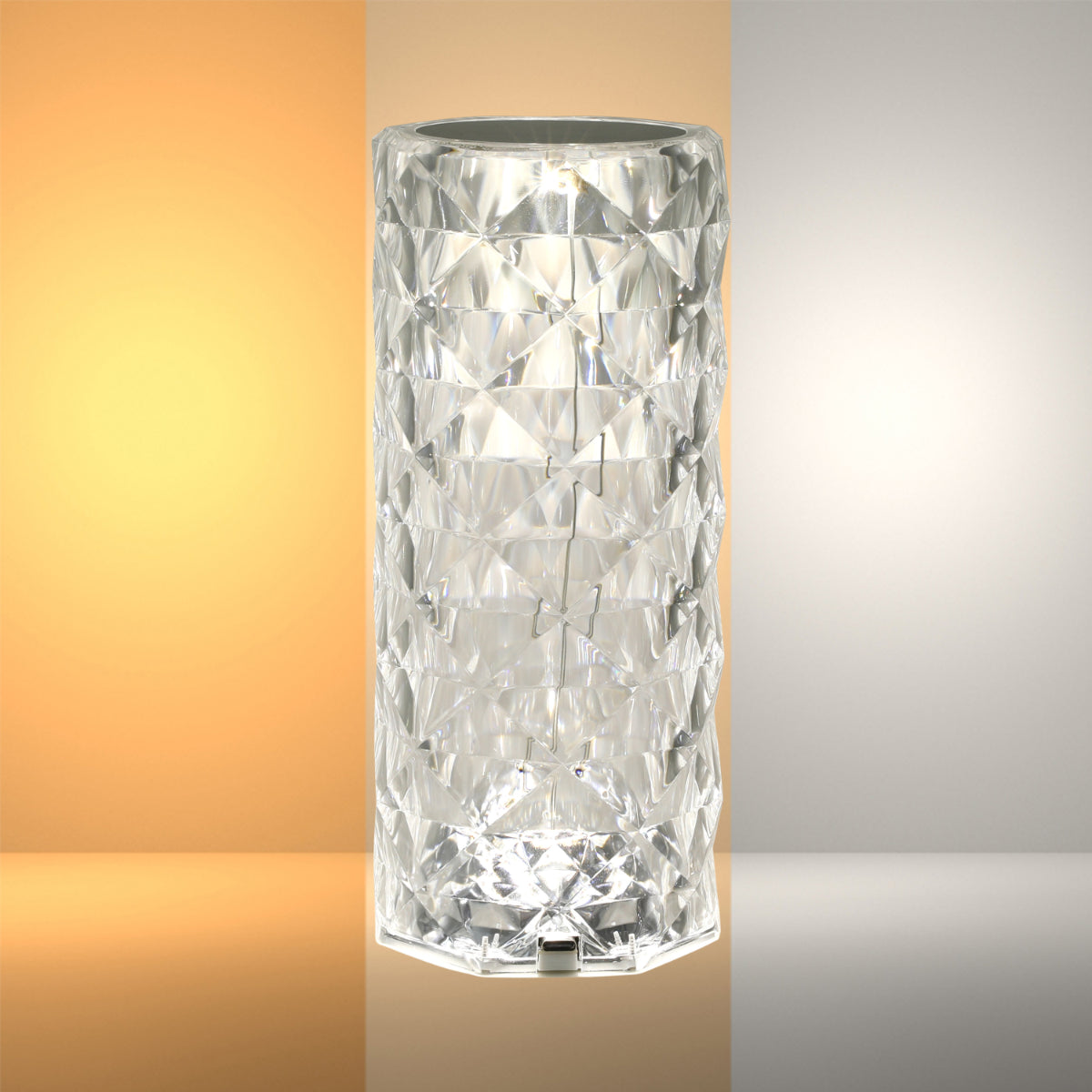 Lámpara cilíndrica recargable de cristal, ideal para mesas de noche en decoraciones modernas y elegantes.