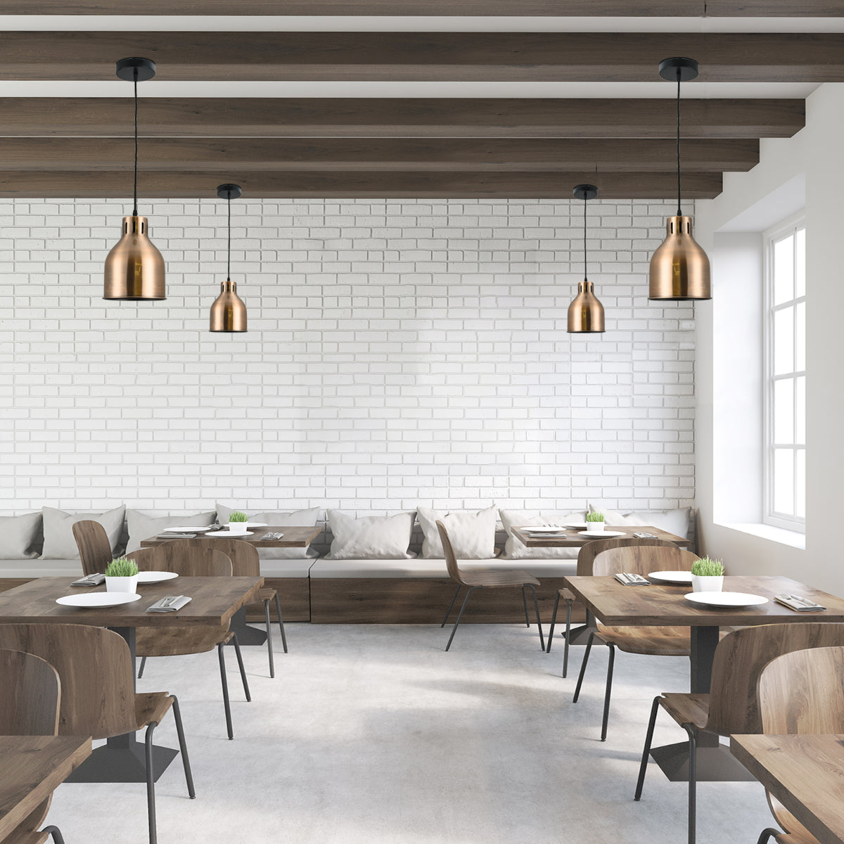 Luz colgante cilíndrica con tapa en forma de cúpula, perfecta para espacios modernos como comedores o cocinas contemporáneas.