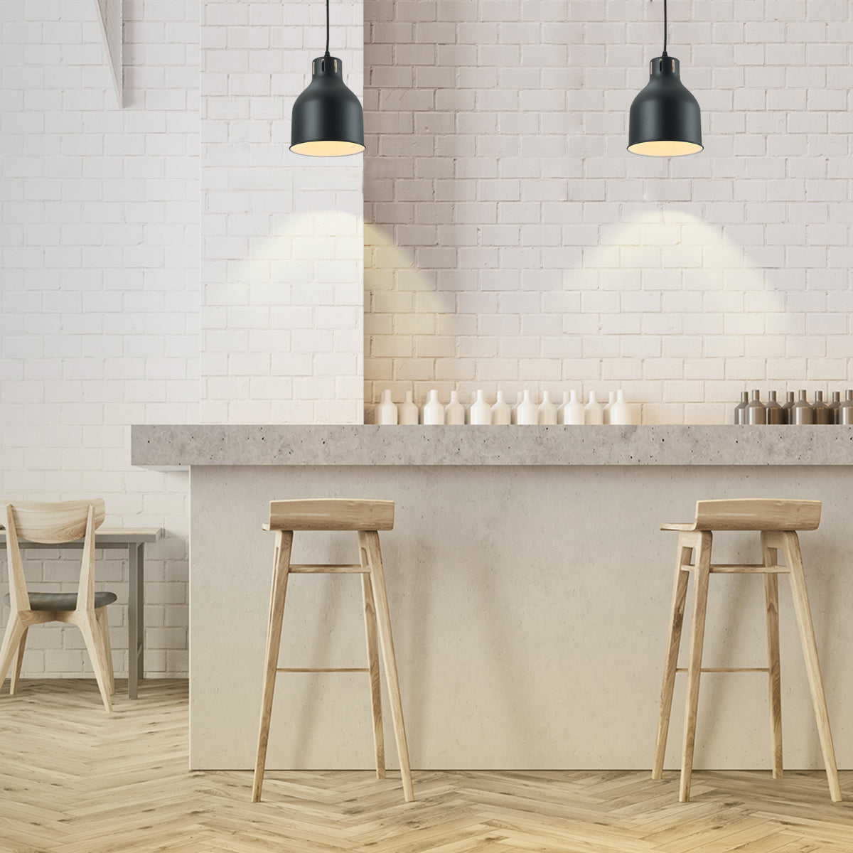 Lámpara colgante de cilindro contemporáneo, perfecta sobre una mesa en comedores de estilo moderno.