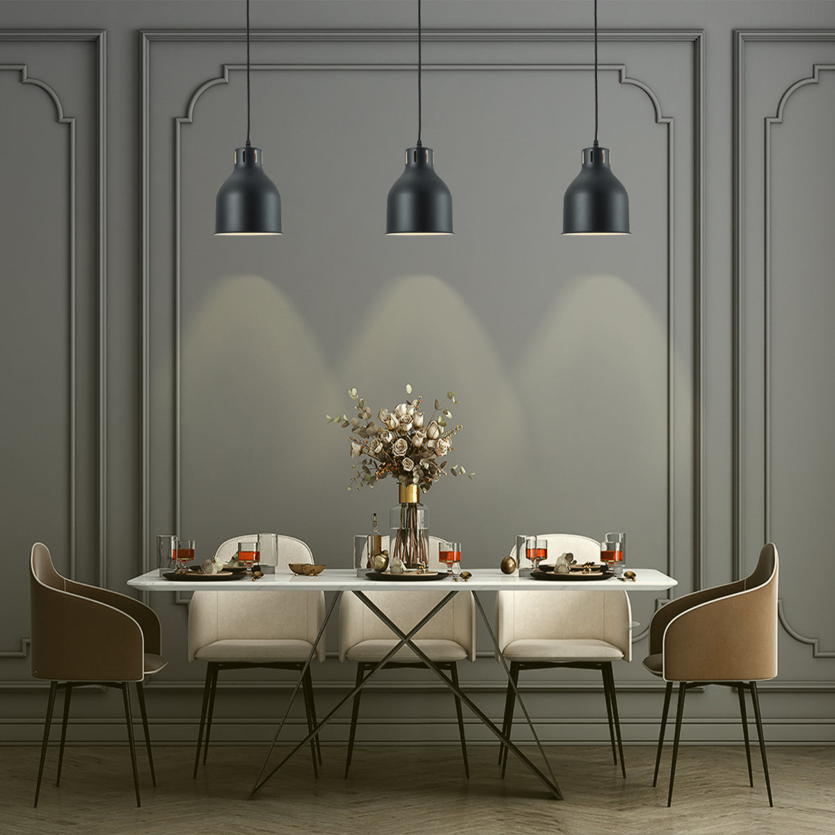 Lámpara colgante de cúpula contemporánea sobre una mesa de comedor, ideal para decoraciones modernas y minimalistas.