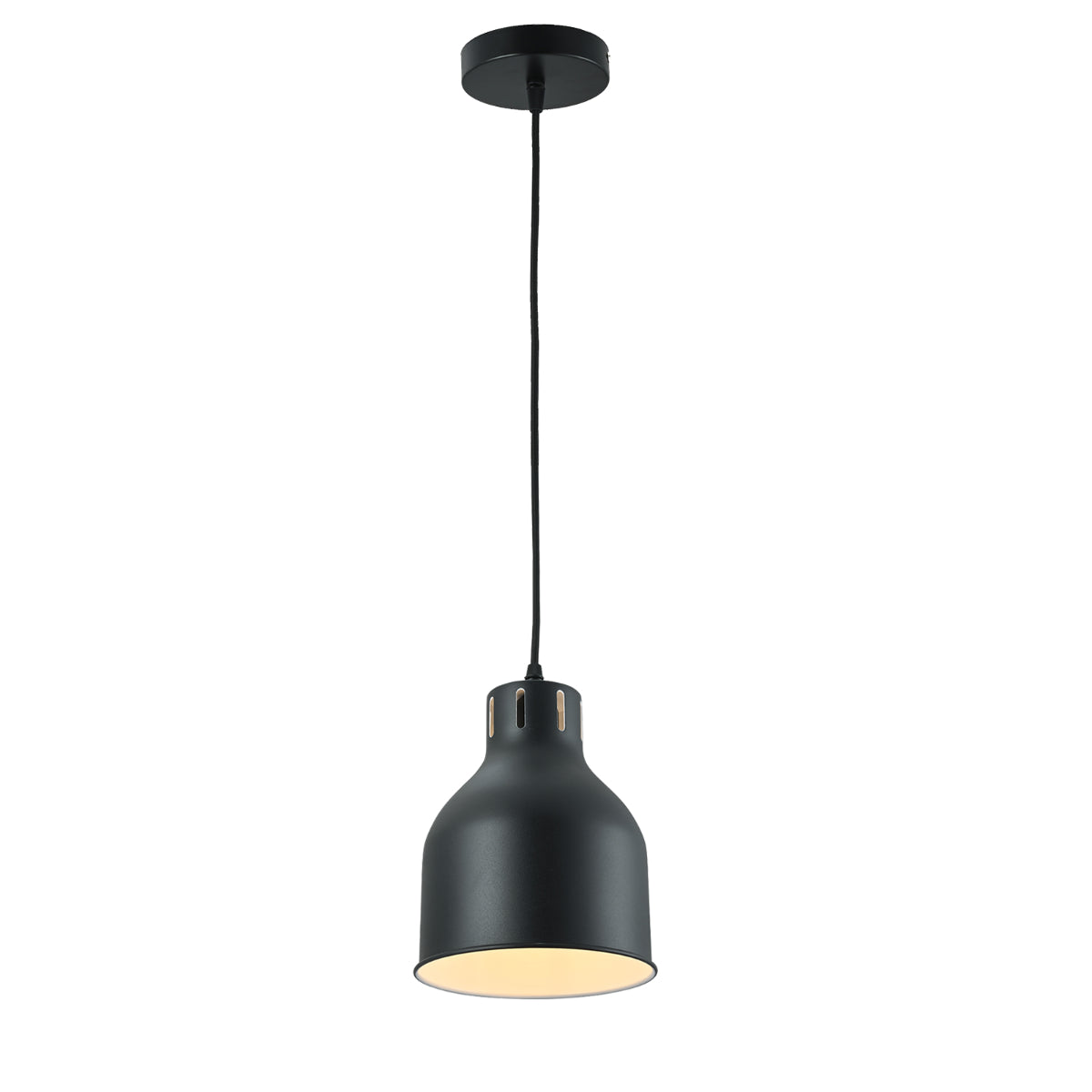 Lámpara colgante cilíndrica con cúpula contemporánea, ideal para cocinas o comedores modernos.