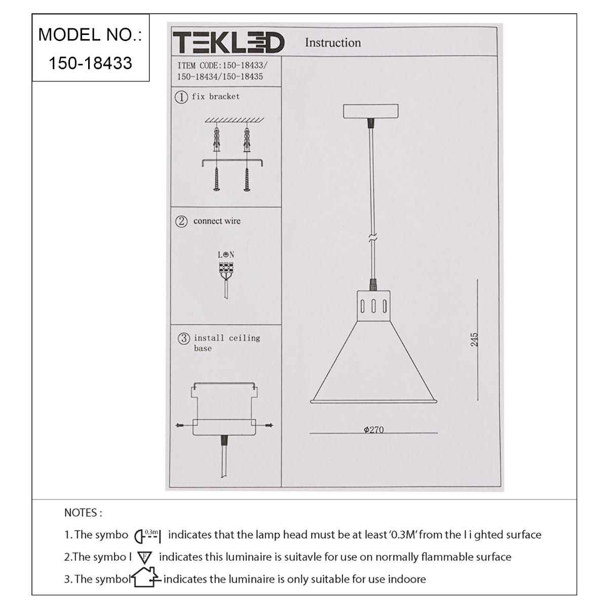Dibujo técnico de lámpara colgante cónica industrial, mostrando dimensiones y detalles de instalación para decoración moderna.