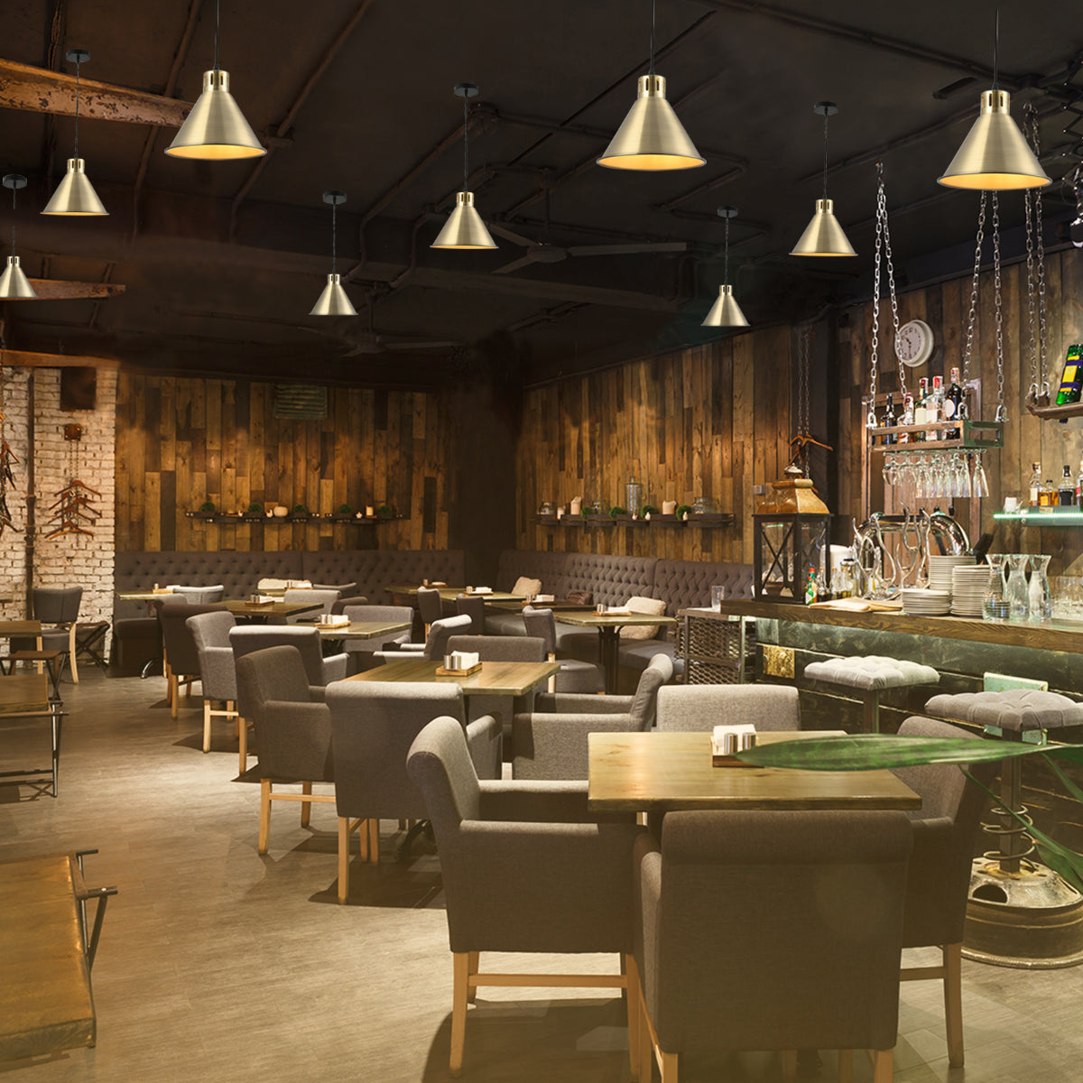 Luz colgante de cono industrial elegante, perfecta para cocinas modernas, aportando un toque contemporáneo y funcional al espacio.
