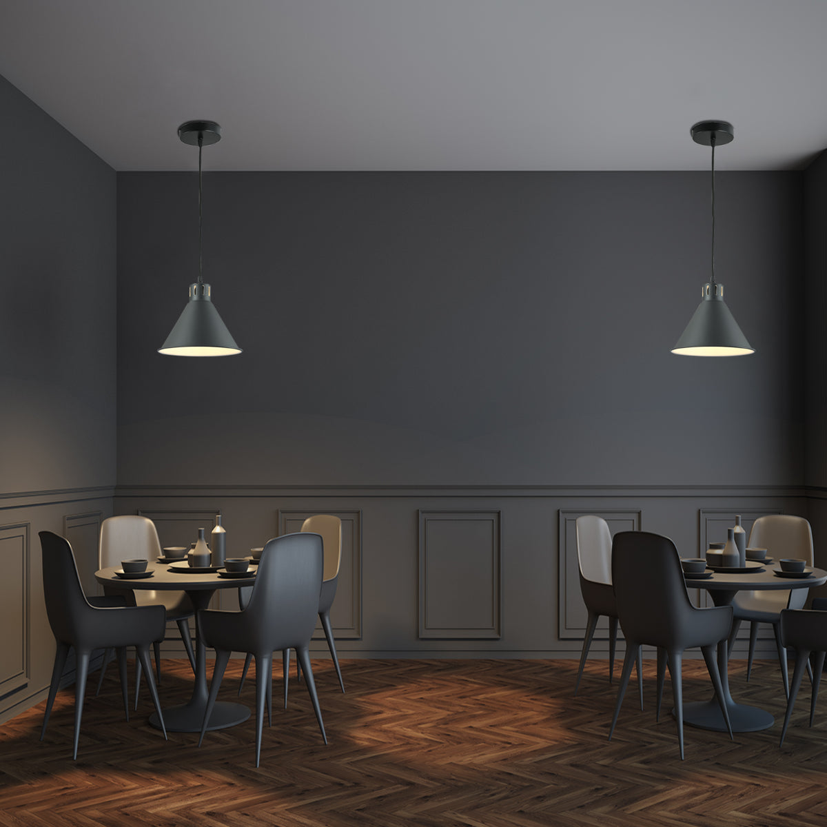 Lámpara colgante cónica industrial en una cocina moderna, combinando funcionalidad y estilo contemporáneo.