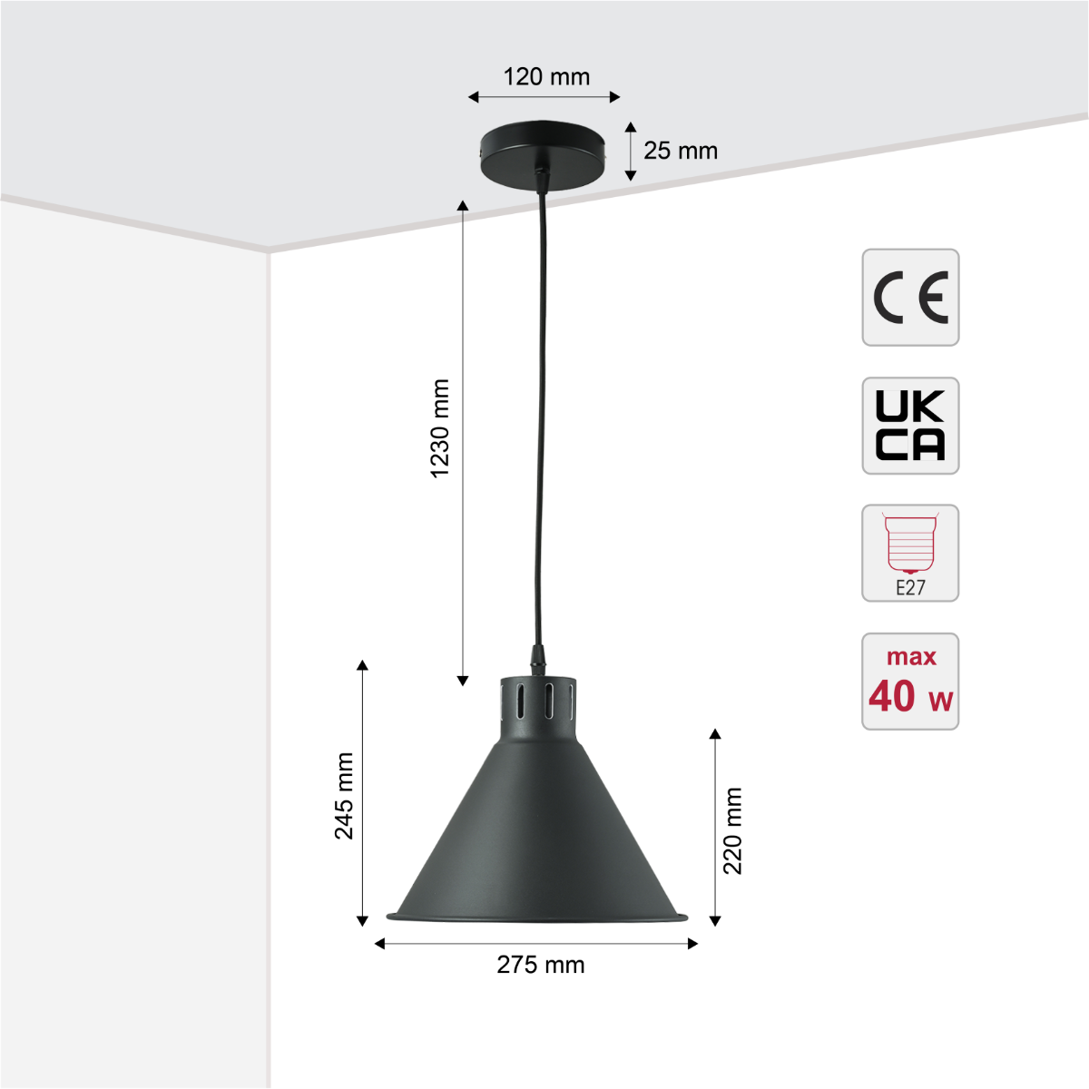 Lámpara colgante cónica industrial con diseño minimalista, perfecta para cocinas modernas y espacios contemporáneos.
