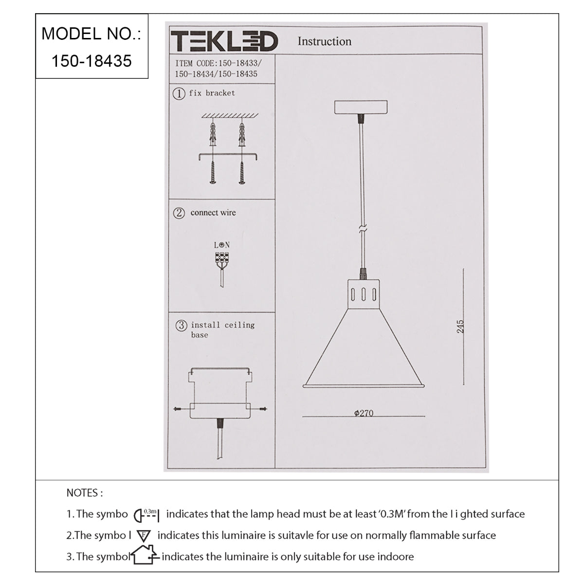 Dibujo técnico de una lámpara pendant industrial en forma de cono, mostrando dimensiones y detalles de instalación.