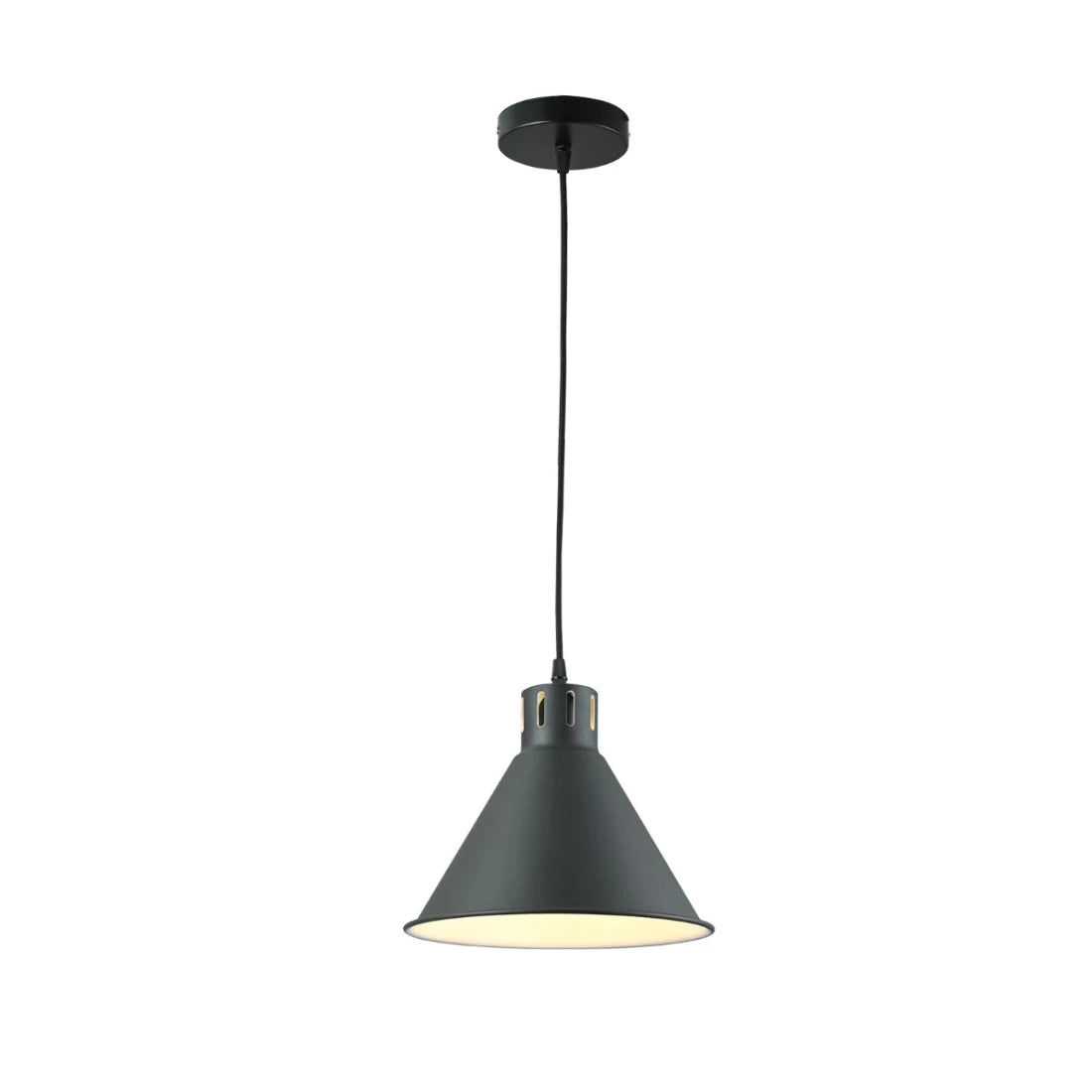 Lámpara colgante cónica industrial, perfecta para cocinas modernas o comedores, con diseño elegante y funcional.