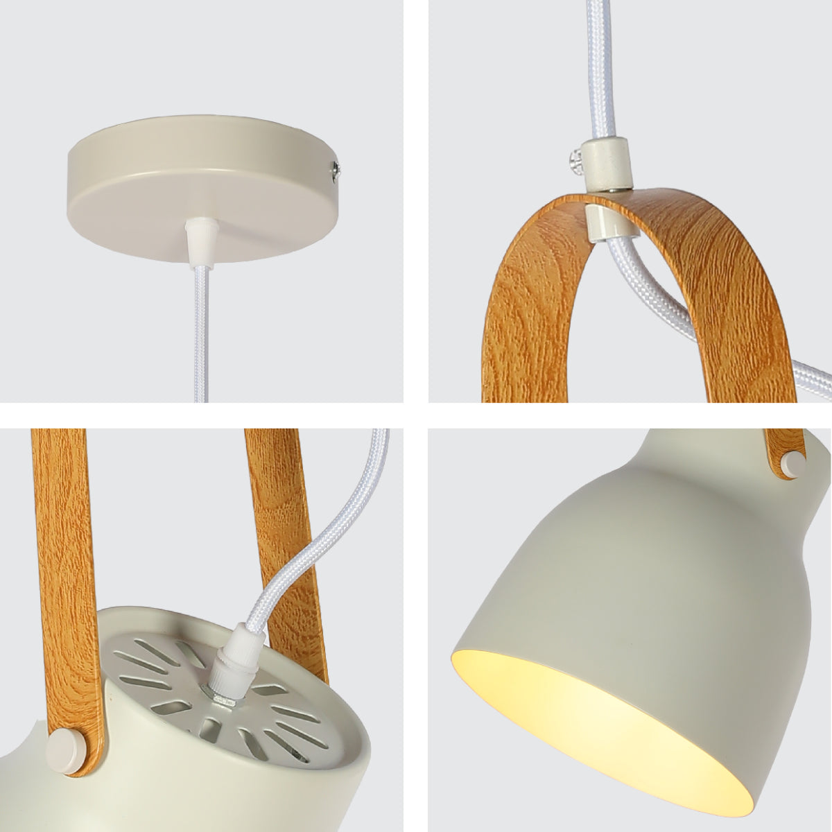 Primer plano de la lámpara colgante en forma de cono nórdico, ideal para cocinas modernas y decoraciones escandinavas elegantes.