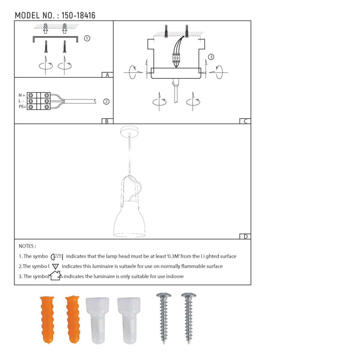 Dibujo técnico de la lámpara de pendant Narvik, detallando dimensiones y especificaciones técnicas para instalación adecuada.