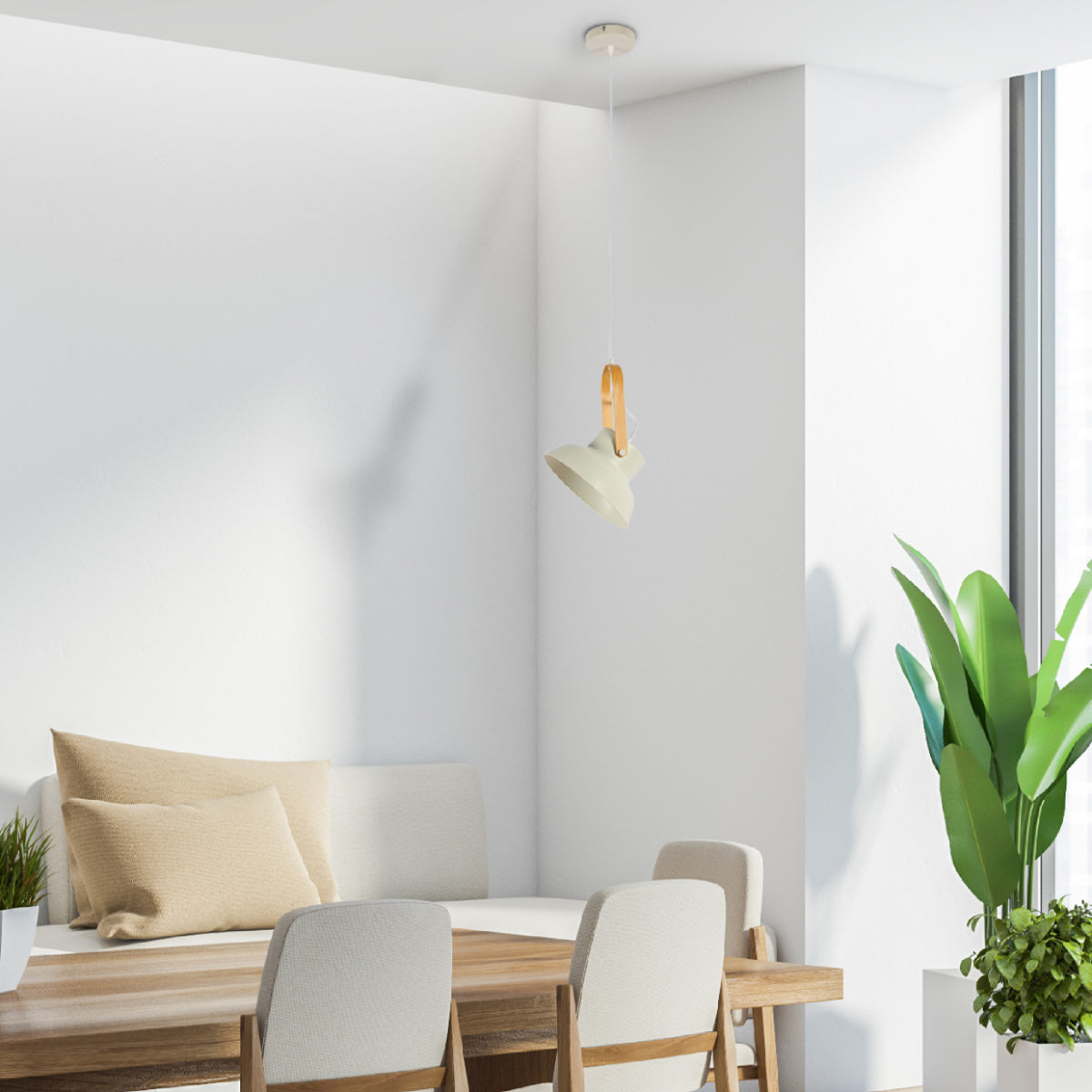 Lámpara colgante cónica de estilo nórdico, ideal para iluminar comedores con decoración minimalista y funcional.