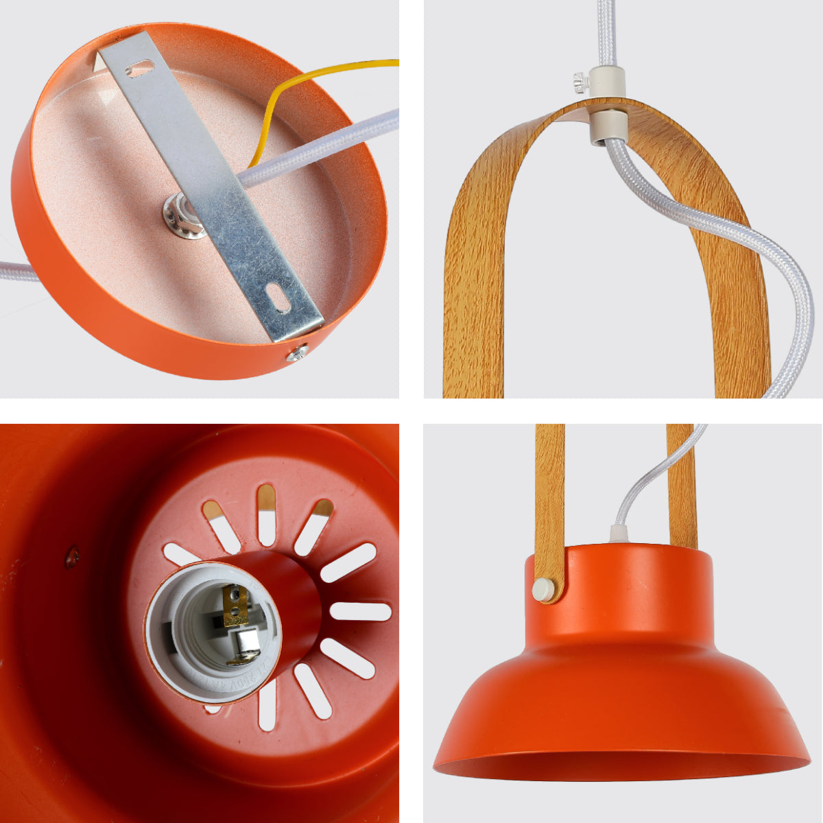 Close-up del elegante colgante nórdico en forma de cono, perfecto para iluminar comedores con estilo moderno.