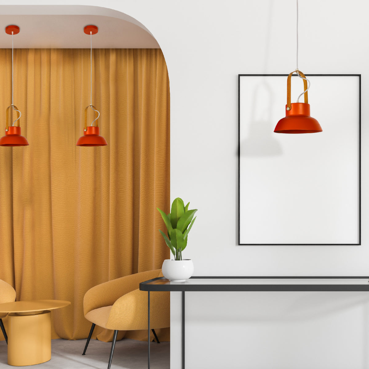 Lámpara colgante de diseño cónico en un comedor moderno, perfecta para añadir un toque nórdico y elegante.