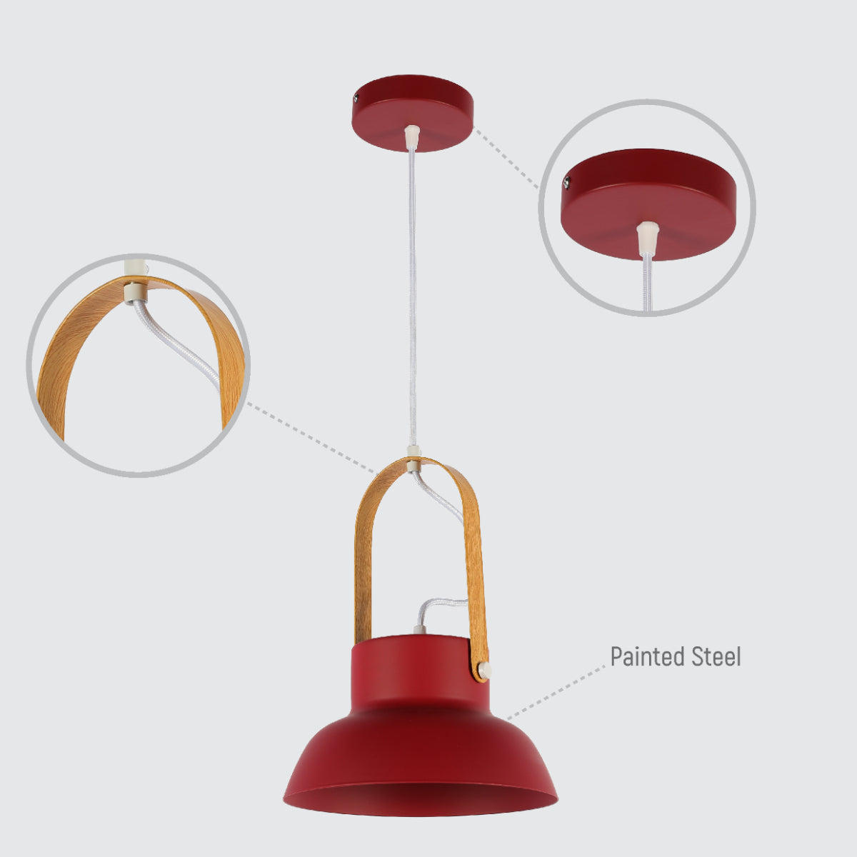 Detalle de la lámpara colgante en forma de cono, ideal para decoraciones nórdicas en cocinas o comedores modernos.