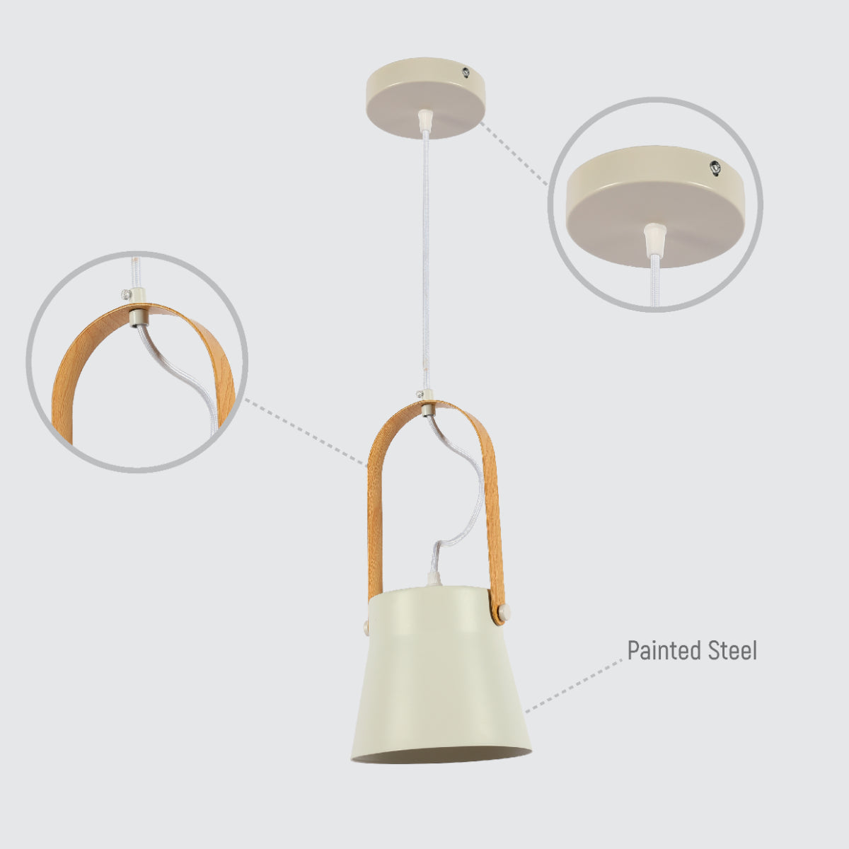 Detalle de la lámpara colgante cónica Narvik, perfecta para iluminación moderna en comedores o cocinas. Diseño nórdico elegante.