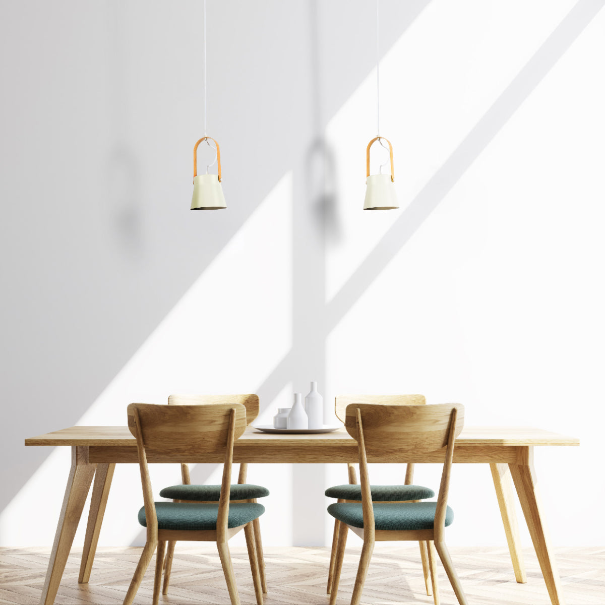 Luz colgante en acción, ideal para cocinas modernas con estilo escandinavo, destacando en su diseño cónico y limpio.