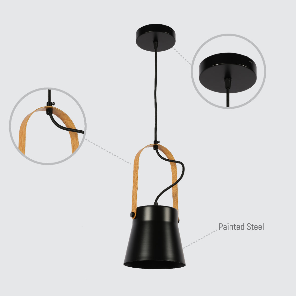Detalles del colgante nórdico con forma cónica, ideal para cocinas con decoración minimalista y moderna.