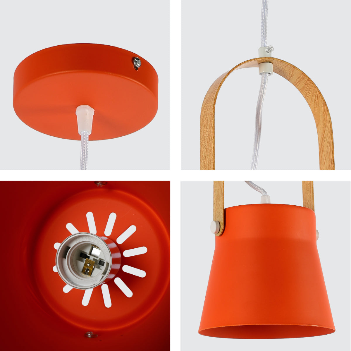 Detalle de la lámpara colgante de cono nórdico, perfecta para ambientes modernos y minimalistas en comedores o cocinas.