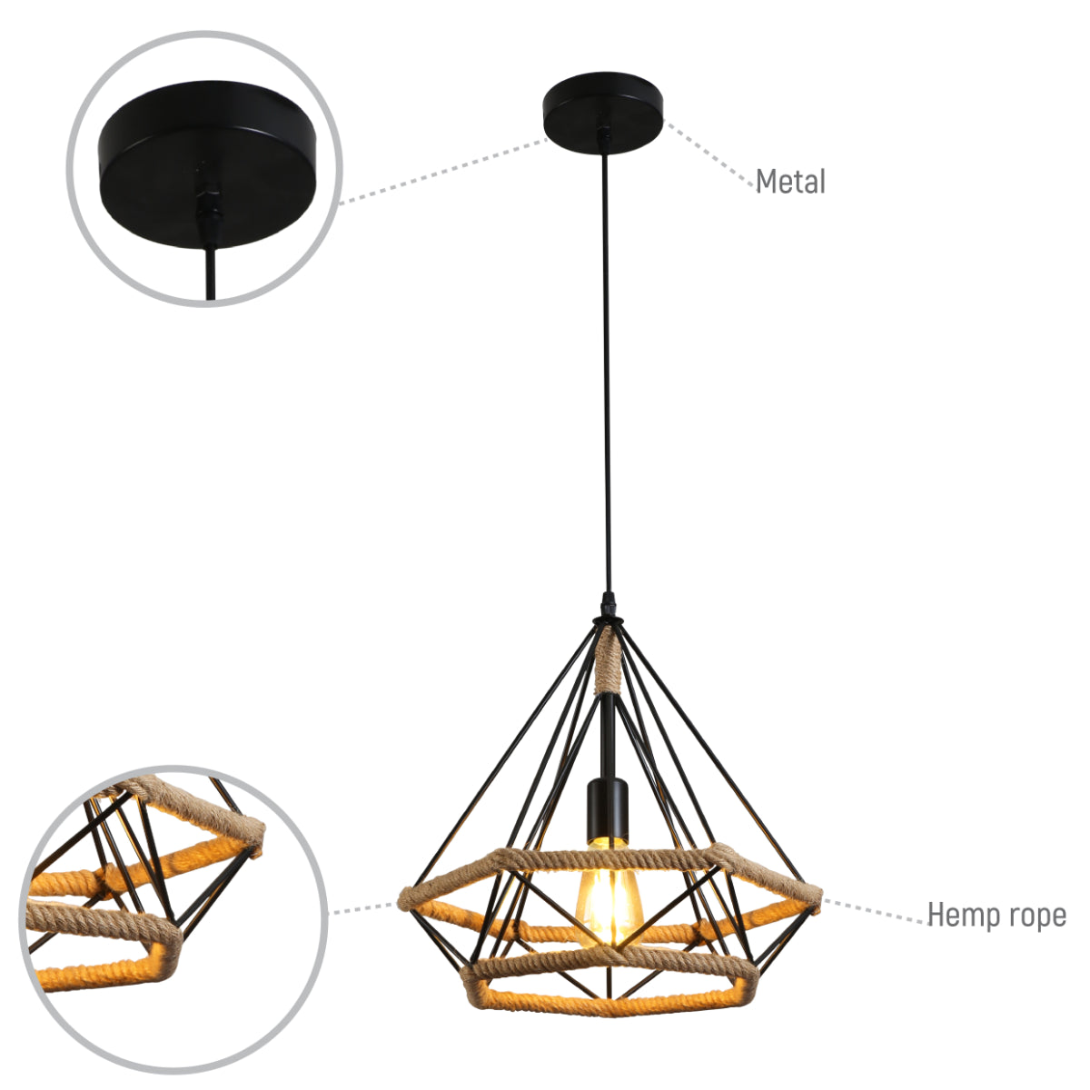 Lámpara colgante de cuerda de yute con diseño de diamante, ideal para decoración industrial en comedores o salas de estar modernas.