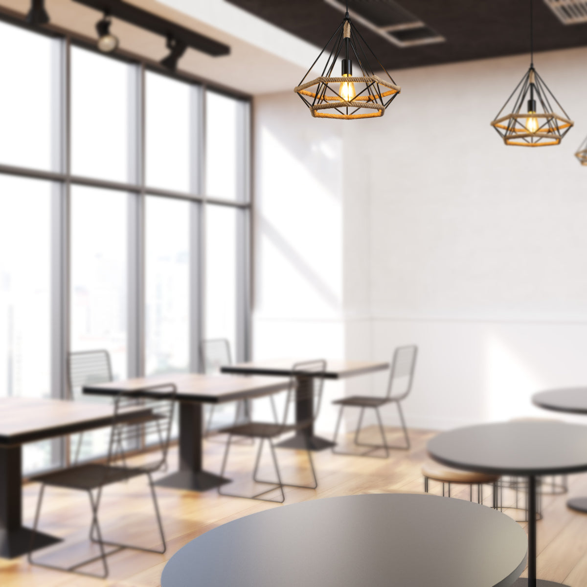 Lámpara colgante de cuerda de yute en forma de diamante, perfecta para un comedor de estilo rústico y moderno.