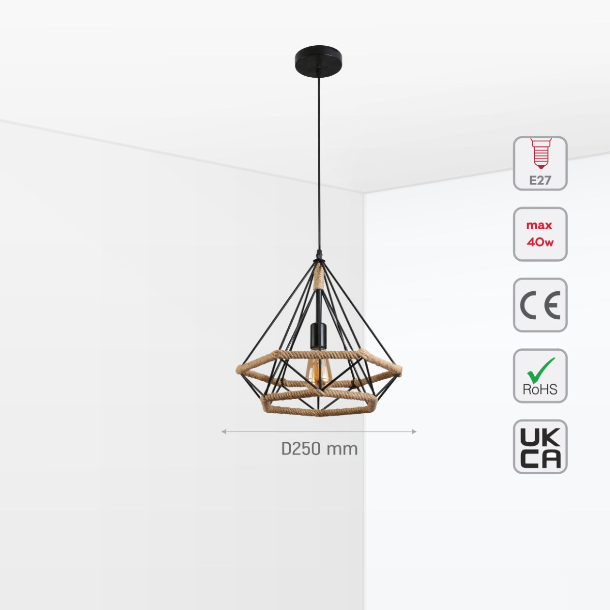 Lámpara colgante de cuerda de yute en forma de diamante, perfecta para espacios rústicos y modernos, ideal en comedores y salones.