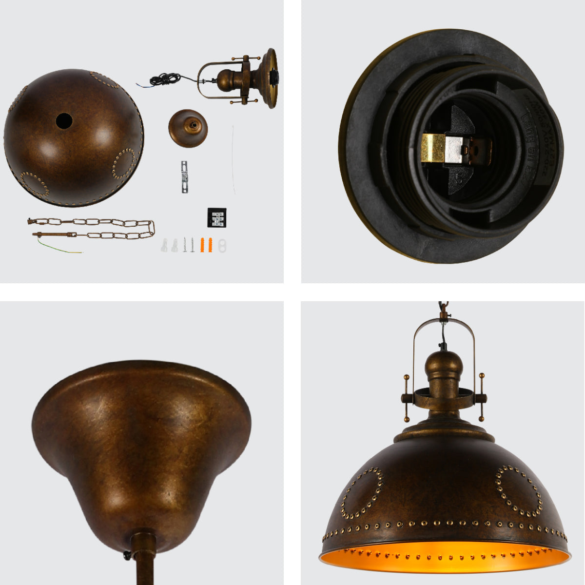 Primer plano de una lámpara colgante industrial de cúpula, con detalles de remaches, ideal para decoraciones rústicas o vintage.