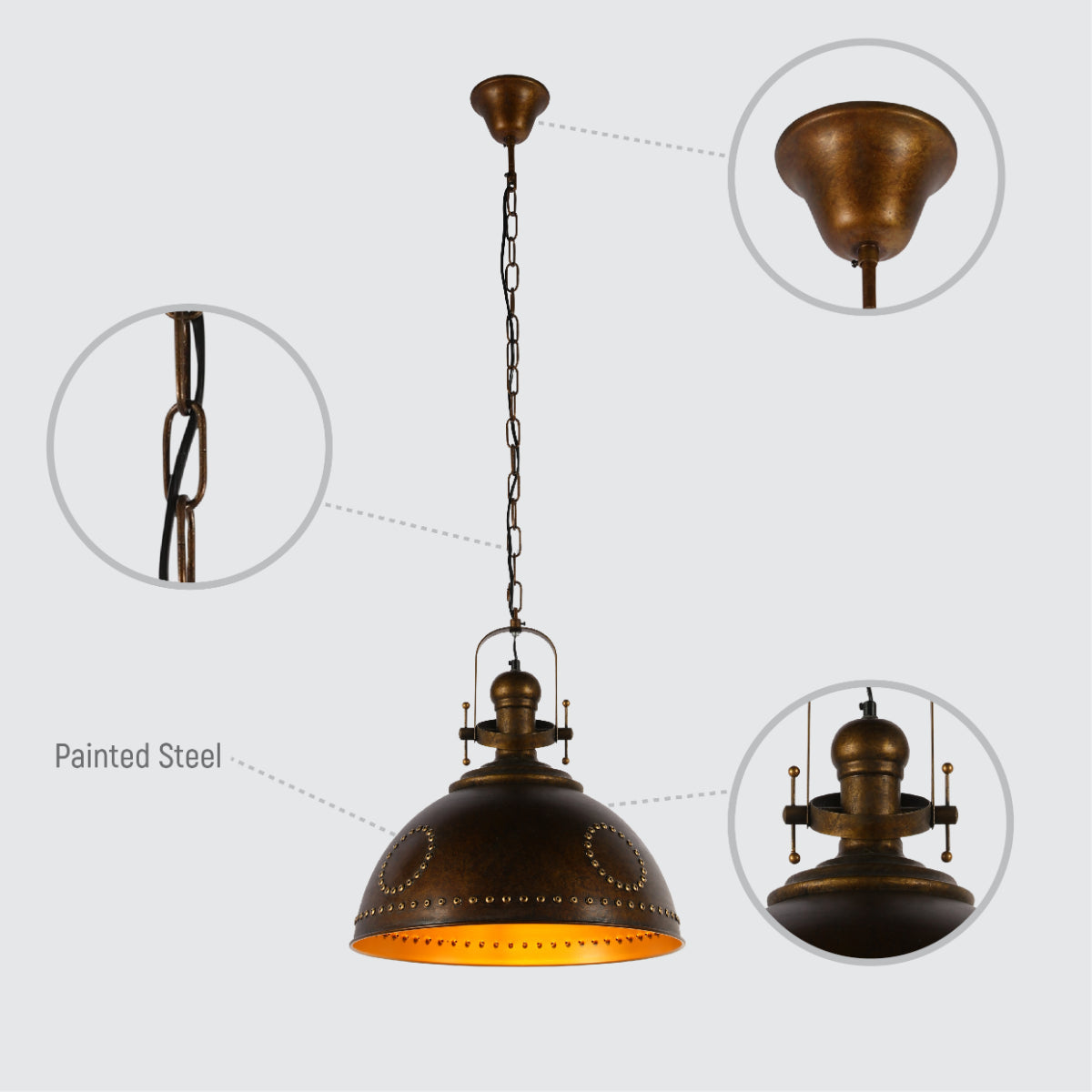 Luz colgante de estilo industrial vintage con detalles de remaches, ideal para cocinas o comedores con decoración rústica elegante.