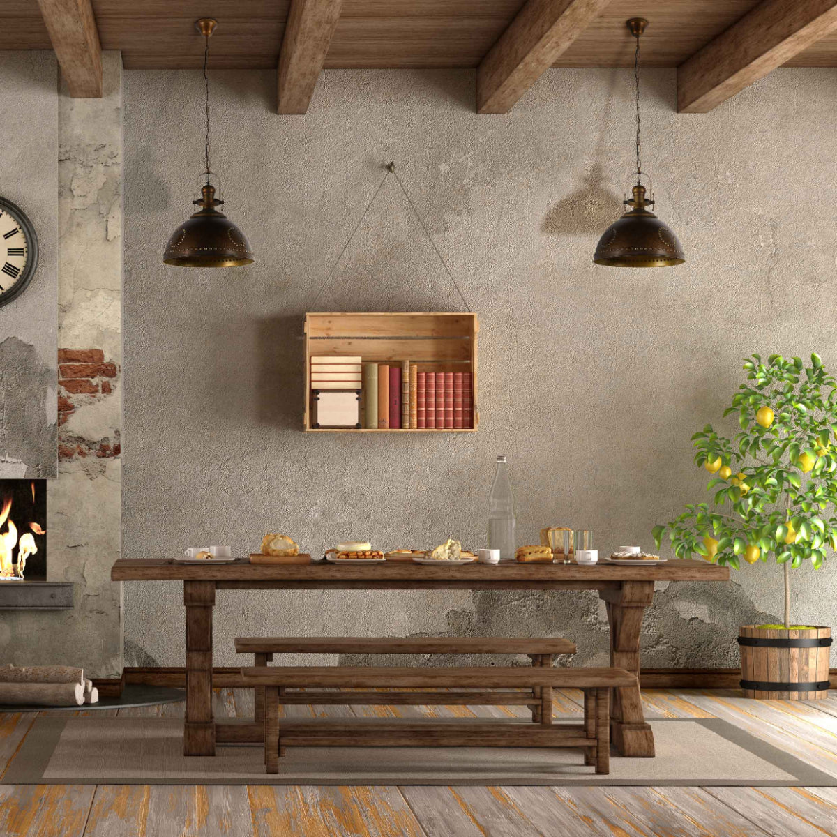 Lámpara colgante industrial vintage con detalles de remaches, perfecta para comedores con decoración rústica y acogedora.