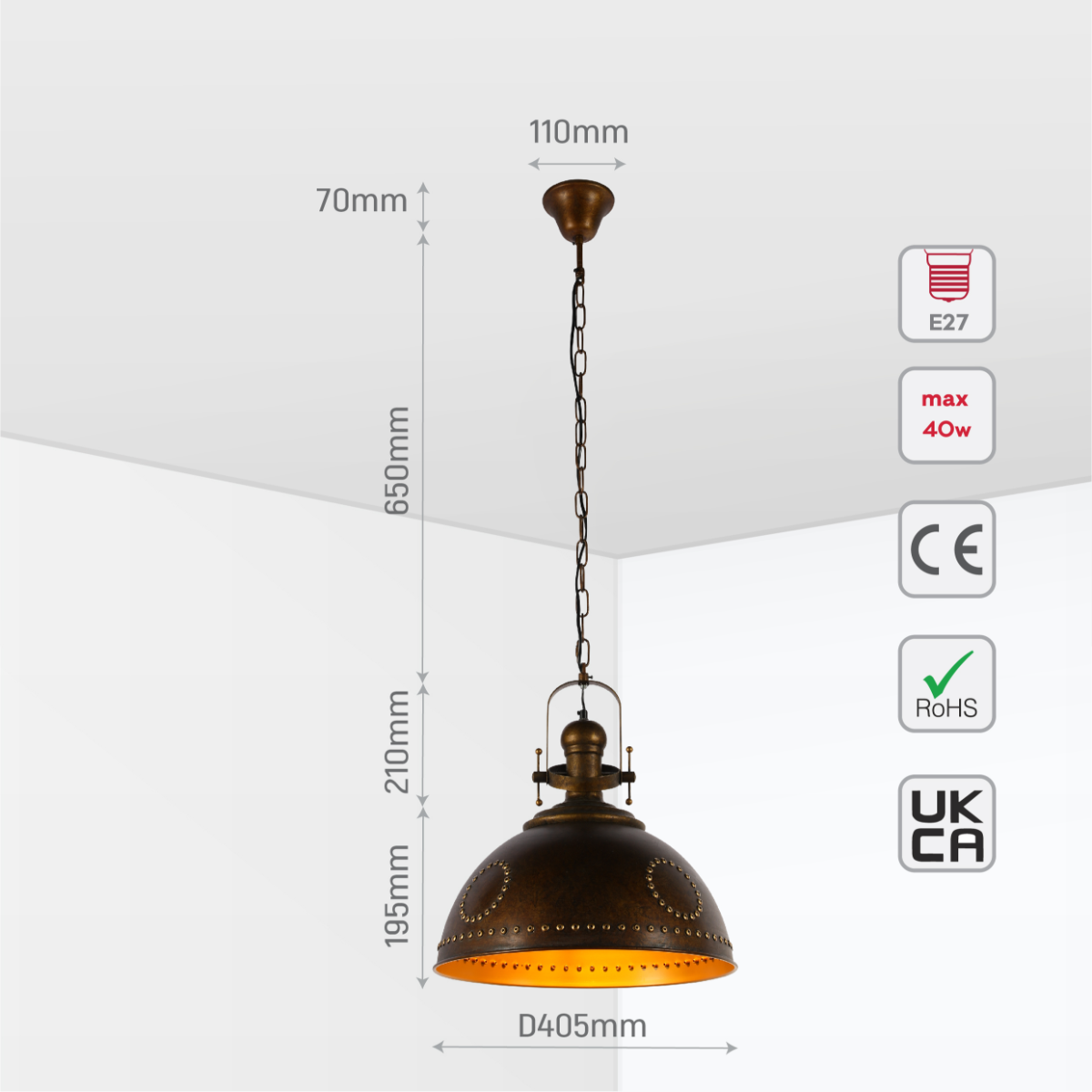 Lámpara colgante industrial vintage con detalles en remaches, perfecta para espacios de cocina o comedor con estilo rústico.